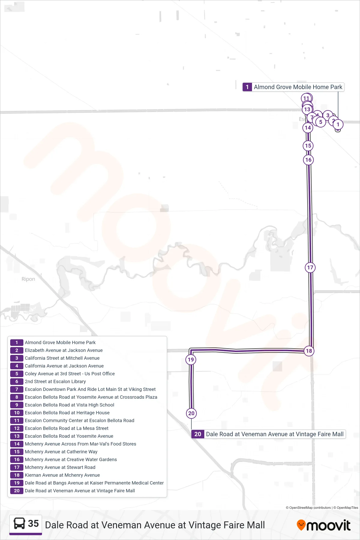 35 bus Line (Dale Road at Veneman Avenue at Vintage Faire Mall) route and stops on a map