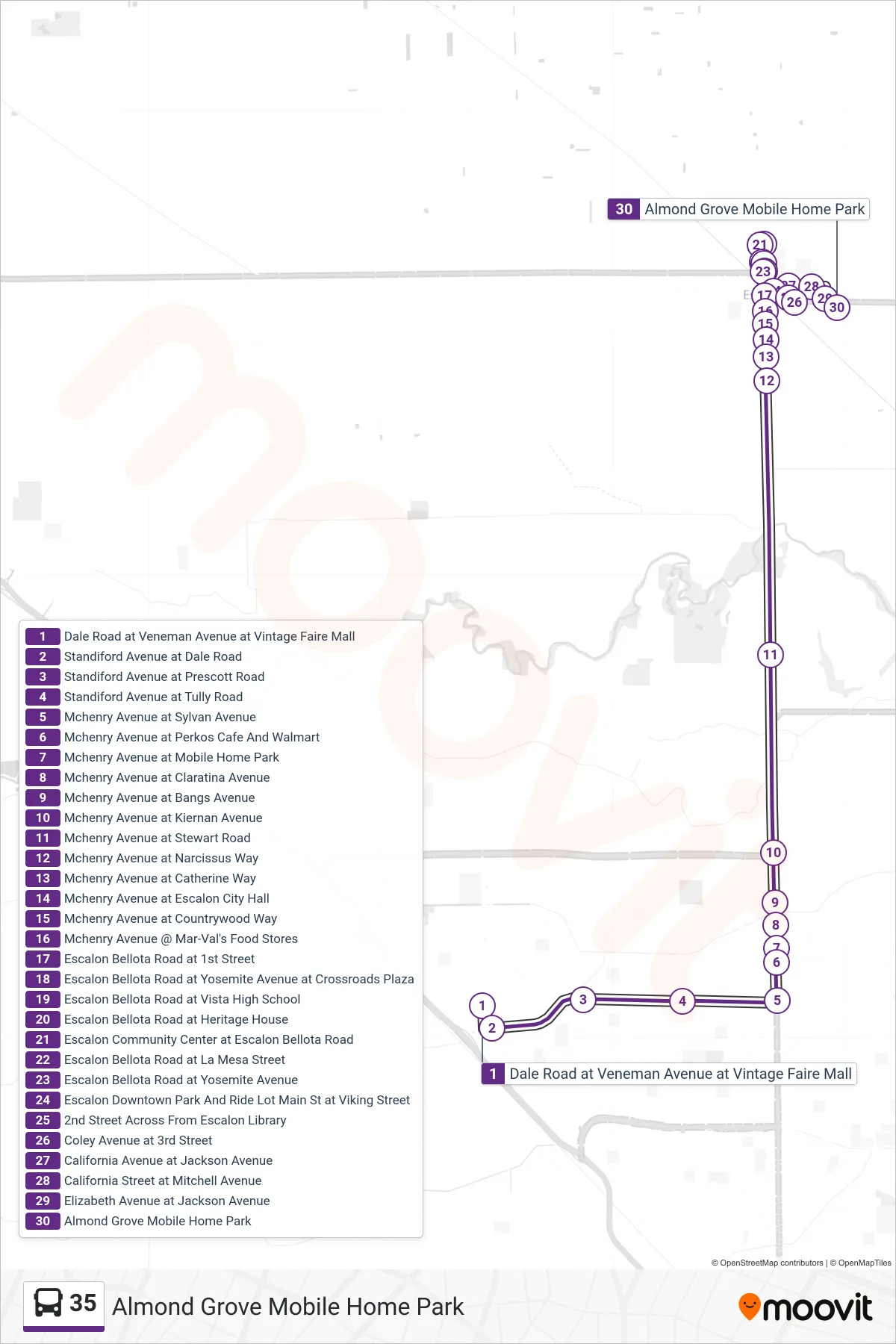 35 bus Line (Almond Grove Mobile Home Park) route and stops on a map