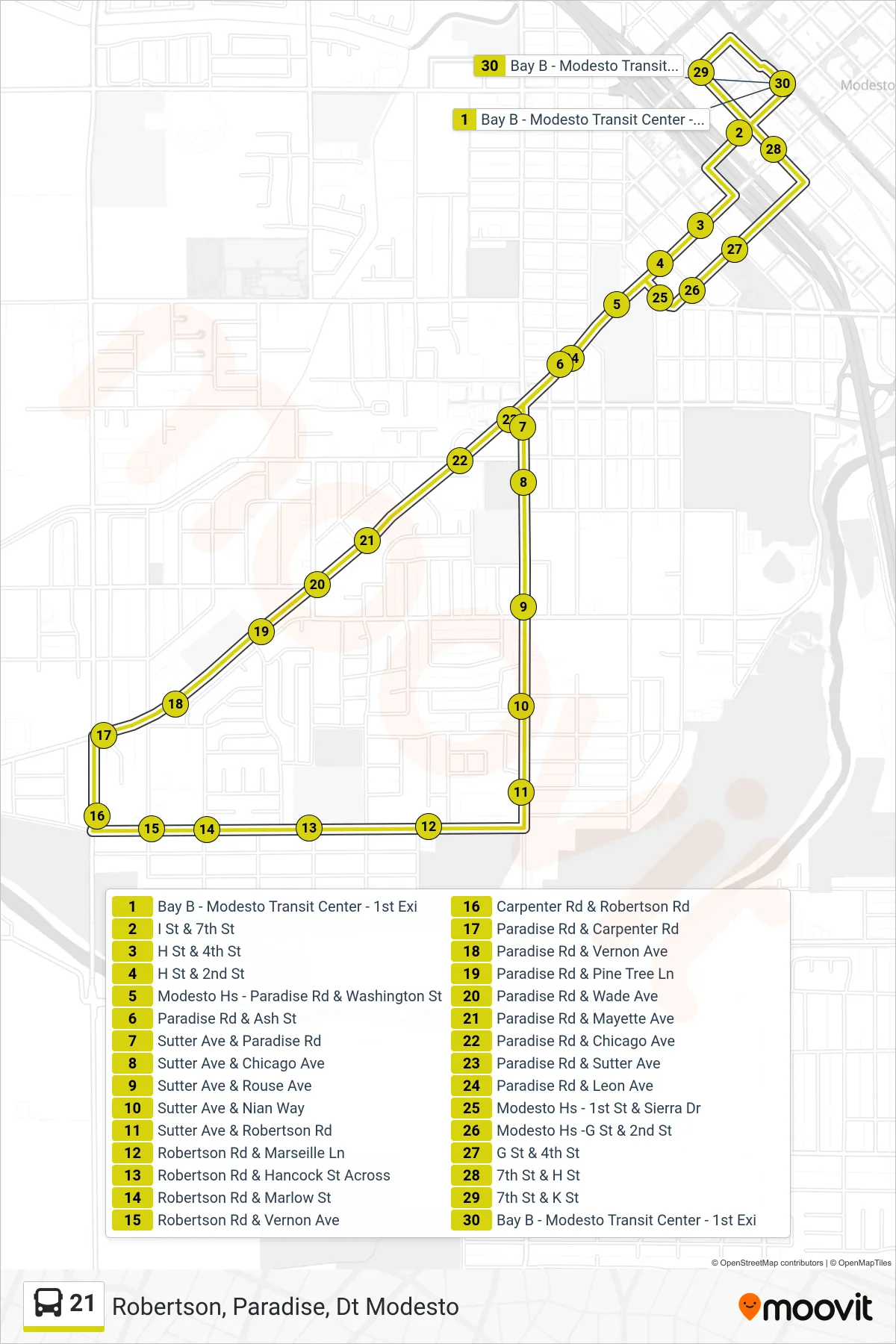 21 bus Line (Robertson, Paradise, Dt Modesto) route and stops on a map
