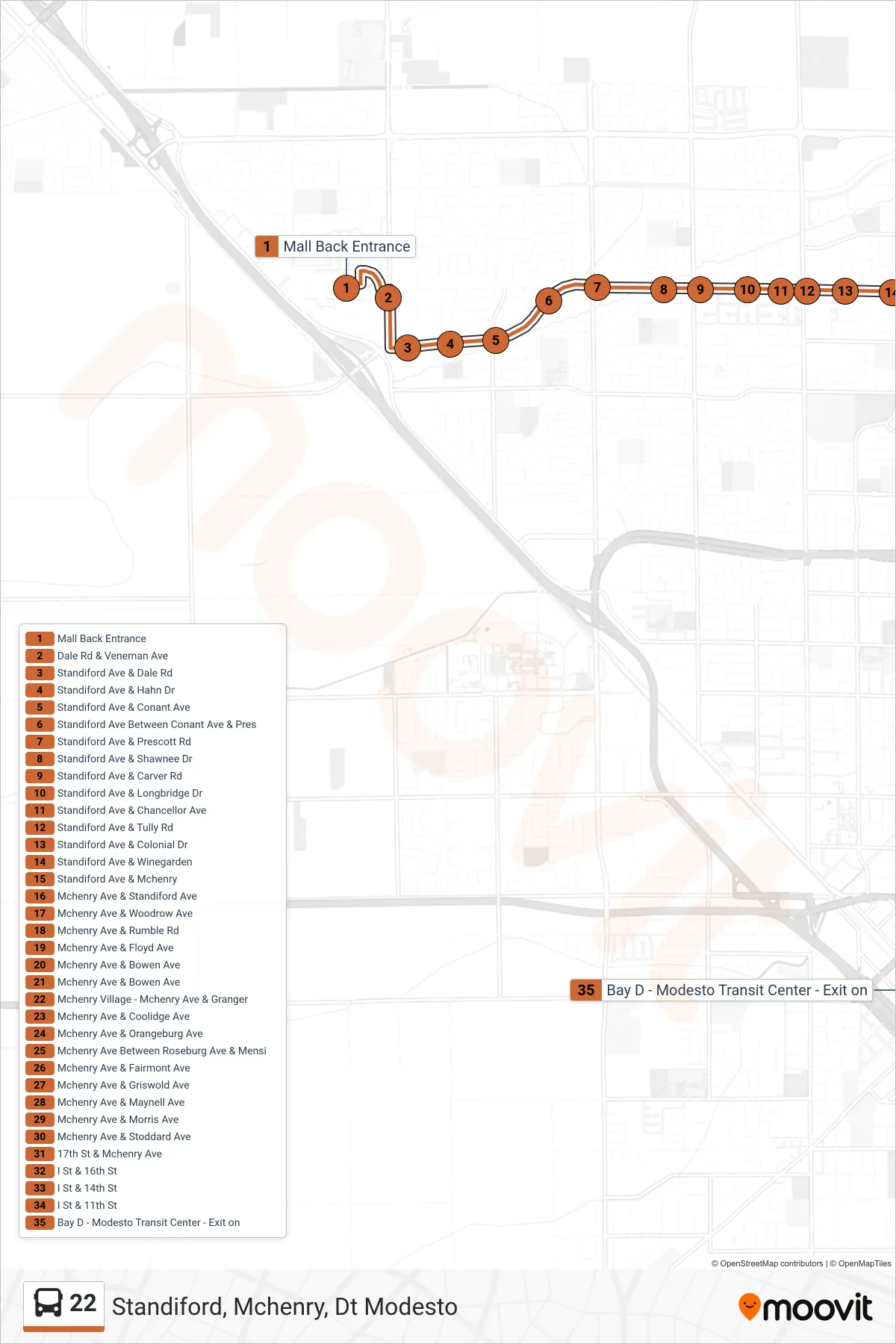 22 bus Line (Standiford, Mchenry, Dt Modesto) route and stops on a map