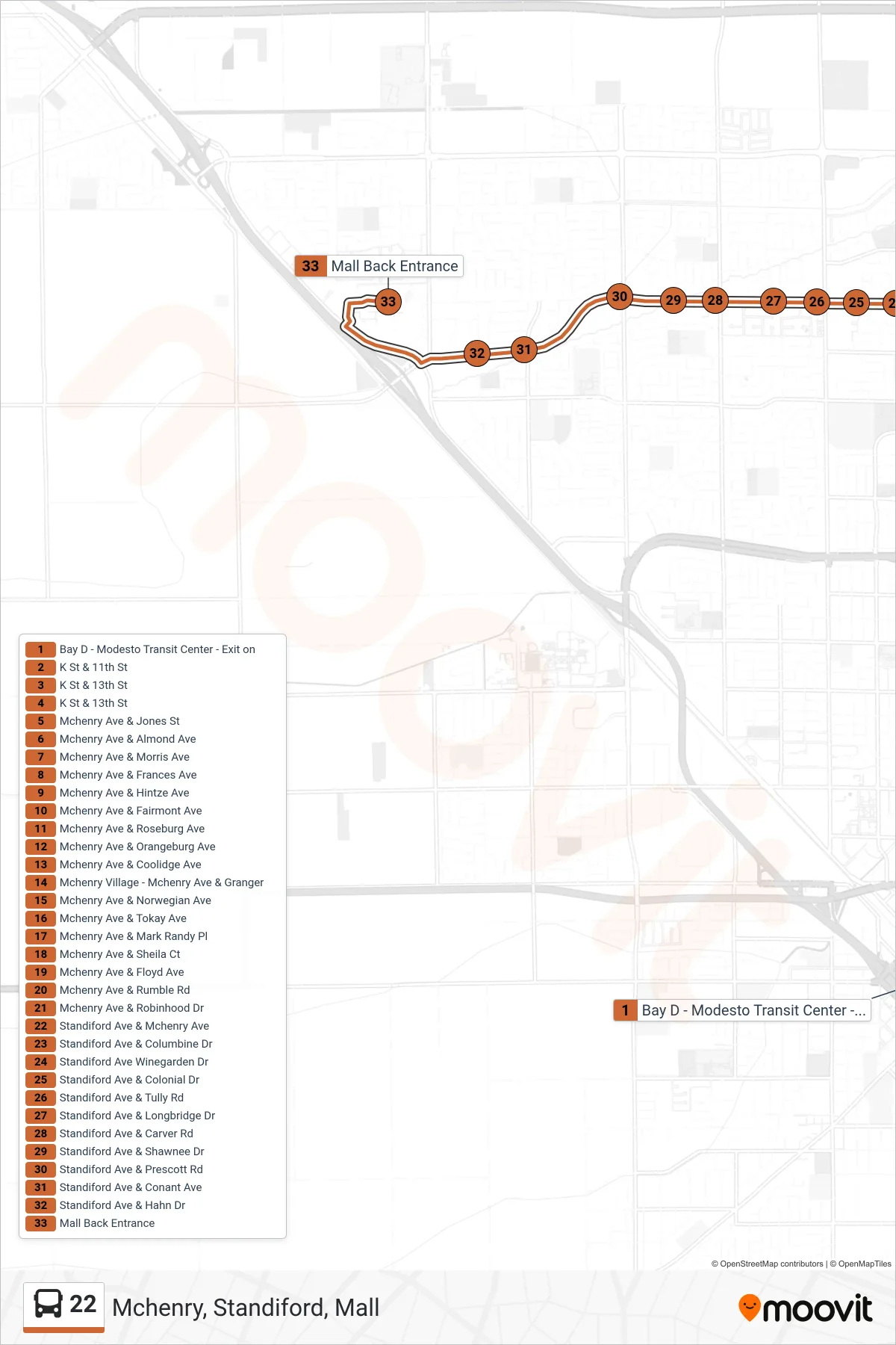 22 bus Line (Mchenry, Standiford, Mall) route and stops on a map