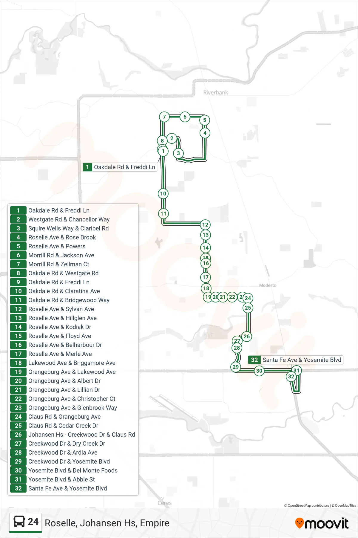 24 bus Line (Roselle, Johansen Hs, Empire) route and stops on a map