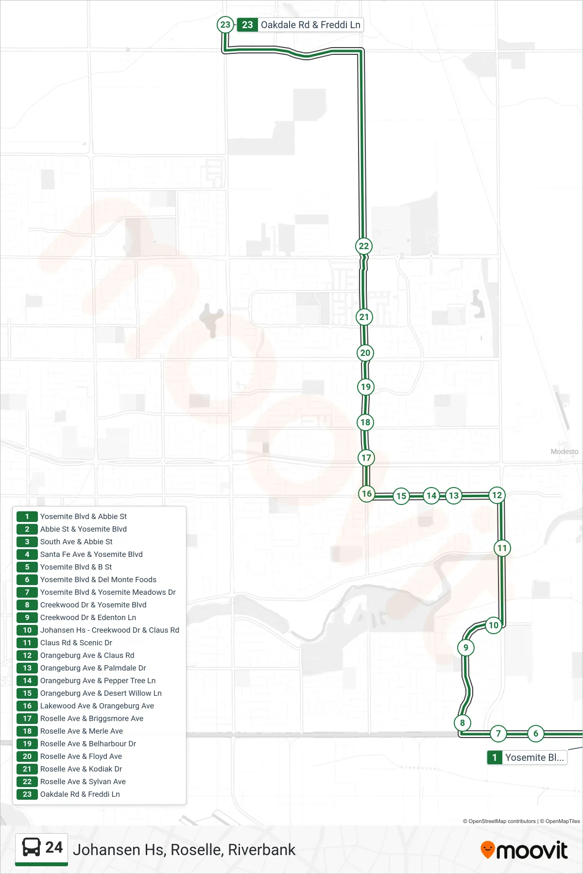 24 bus Line (Johansen Hs, Roselle, Riverbank) route and stops on a map