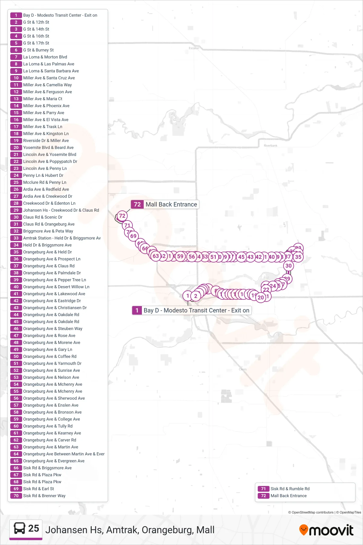 25 bus Line (Johansen Hs, Amtrak, Orangeburg, Mall) route and stops on a map