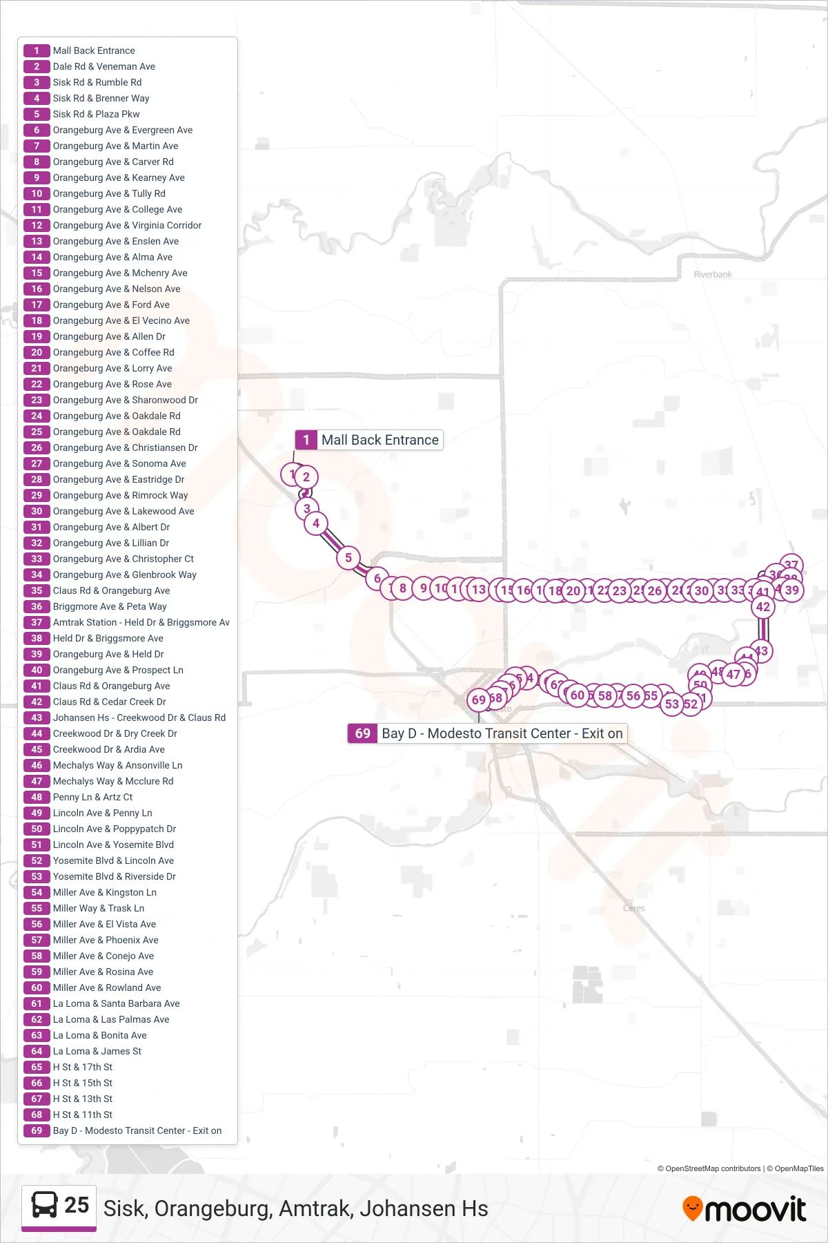 25 bus Line (Sisk, Orangeburg, Amtrak, Johansen Hs) route and stops on a map