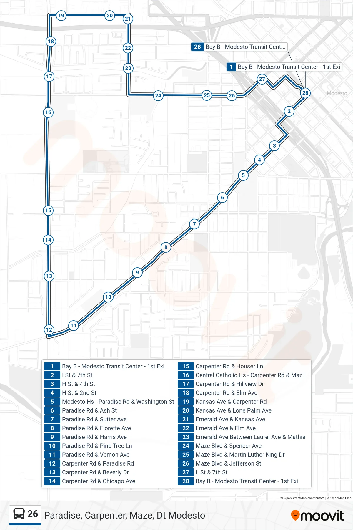 26 bus Line (Paradise, Carpenter, Maze, Dt Modesto) route and stops on a map