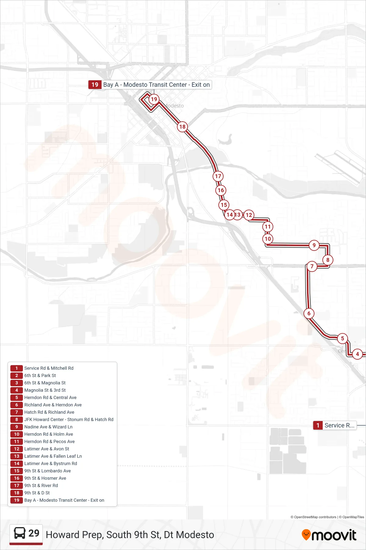 29 bus Line (Howard Prep, South 9th St, Dt Modesto) route and stops on a map