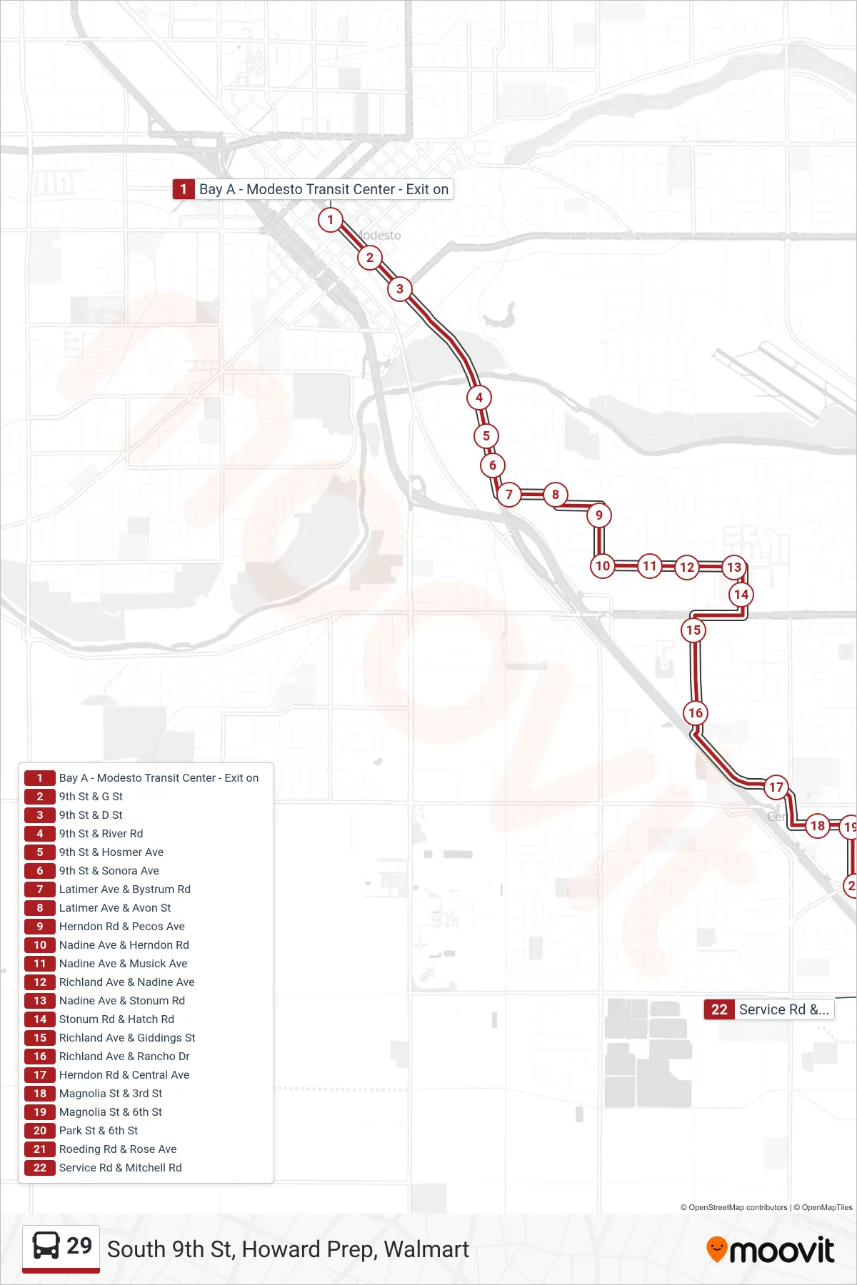 29 bus Line (South 9th St, Howard Prep, Walmart) route and stops on a map