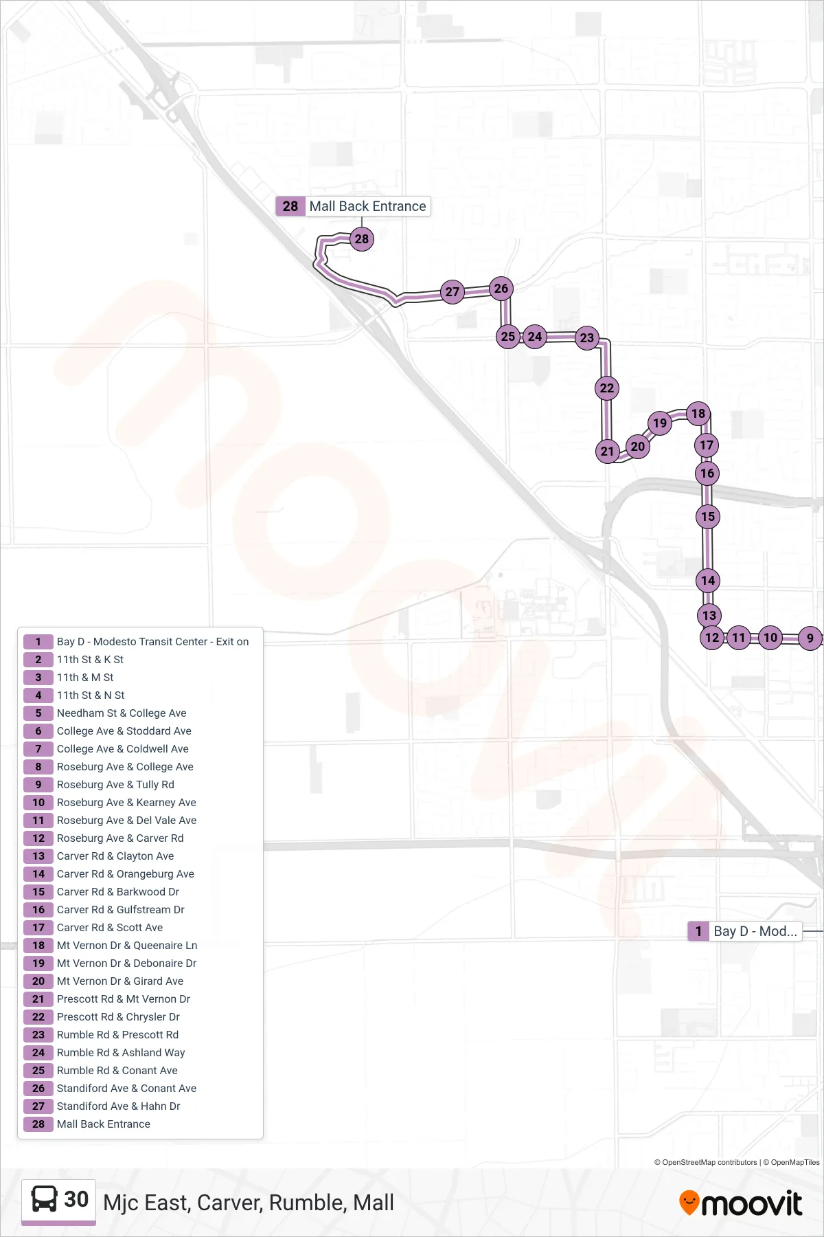 30 bus Line (Mjc East, Carver, Rumble, Mall) route and stops on a map