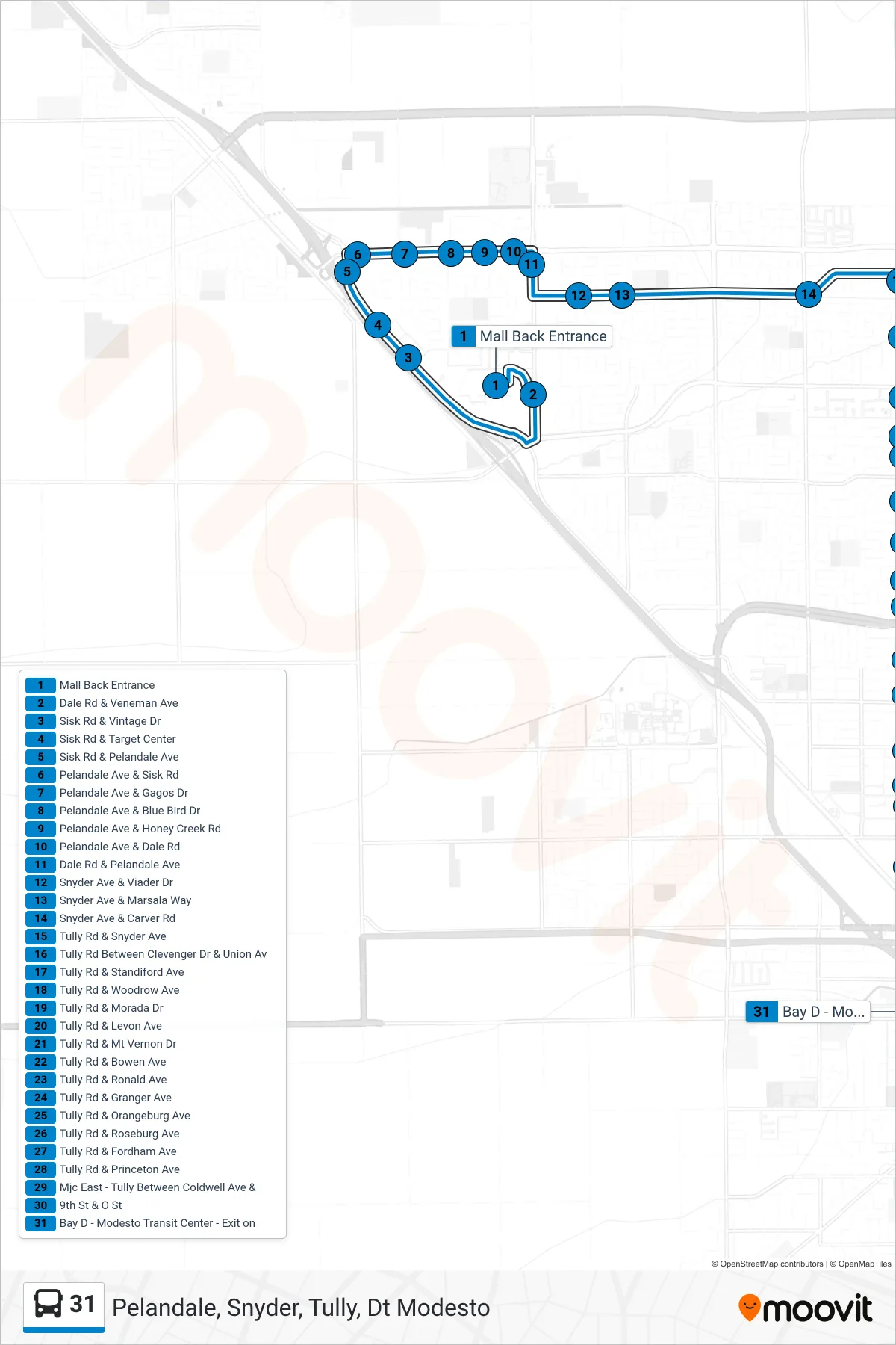 31 bus Line (Pelandale, Snyder, Tully, Dt Modesto) route and stops on a map