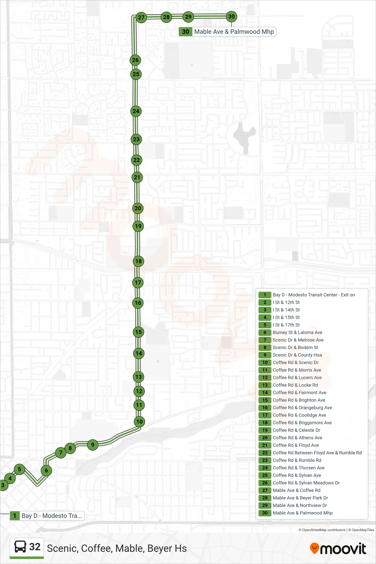 32 bus Line (Scenic, Coffee, Mable, Beyer Hs) route and stops on a map