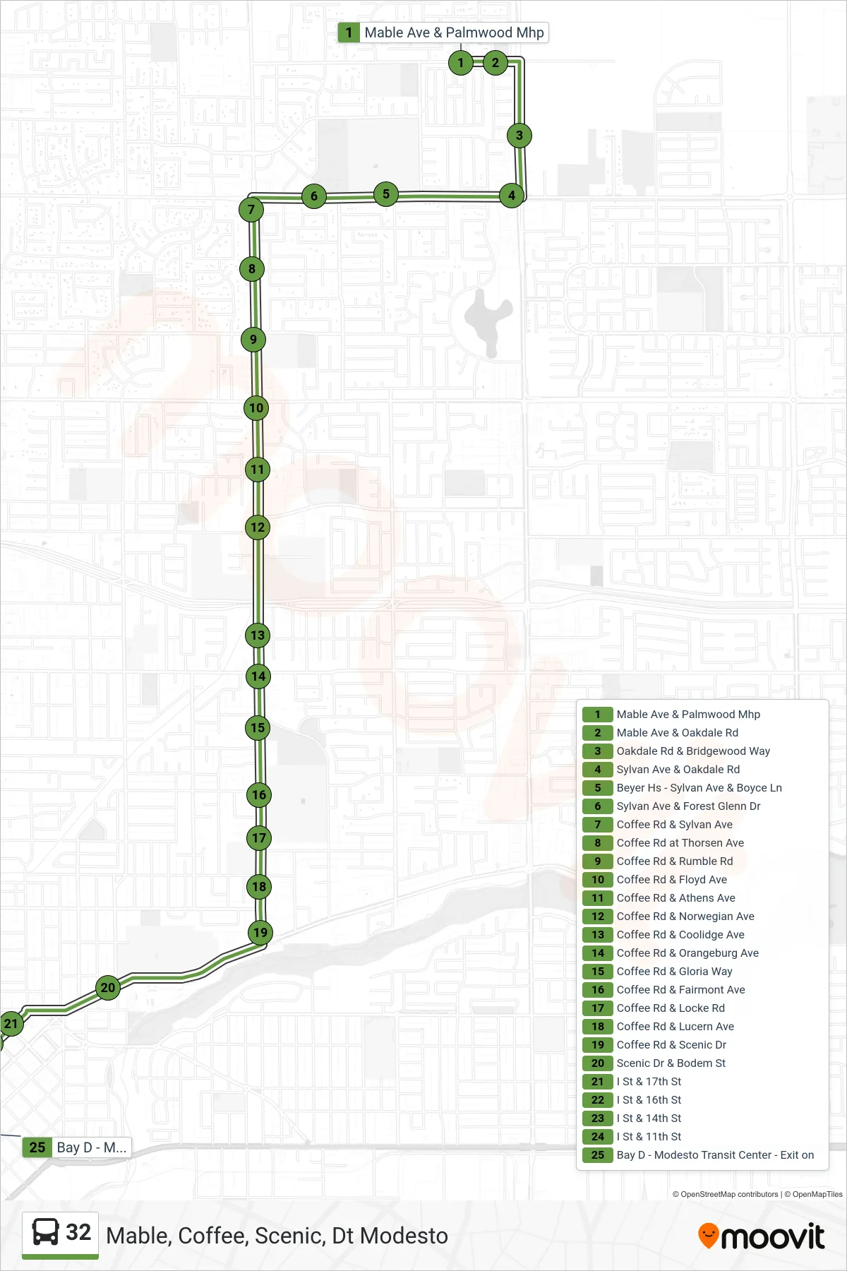 32 bus Line (Mable, Coffee, Scenic, Dt Modesto) route and stops on a map