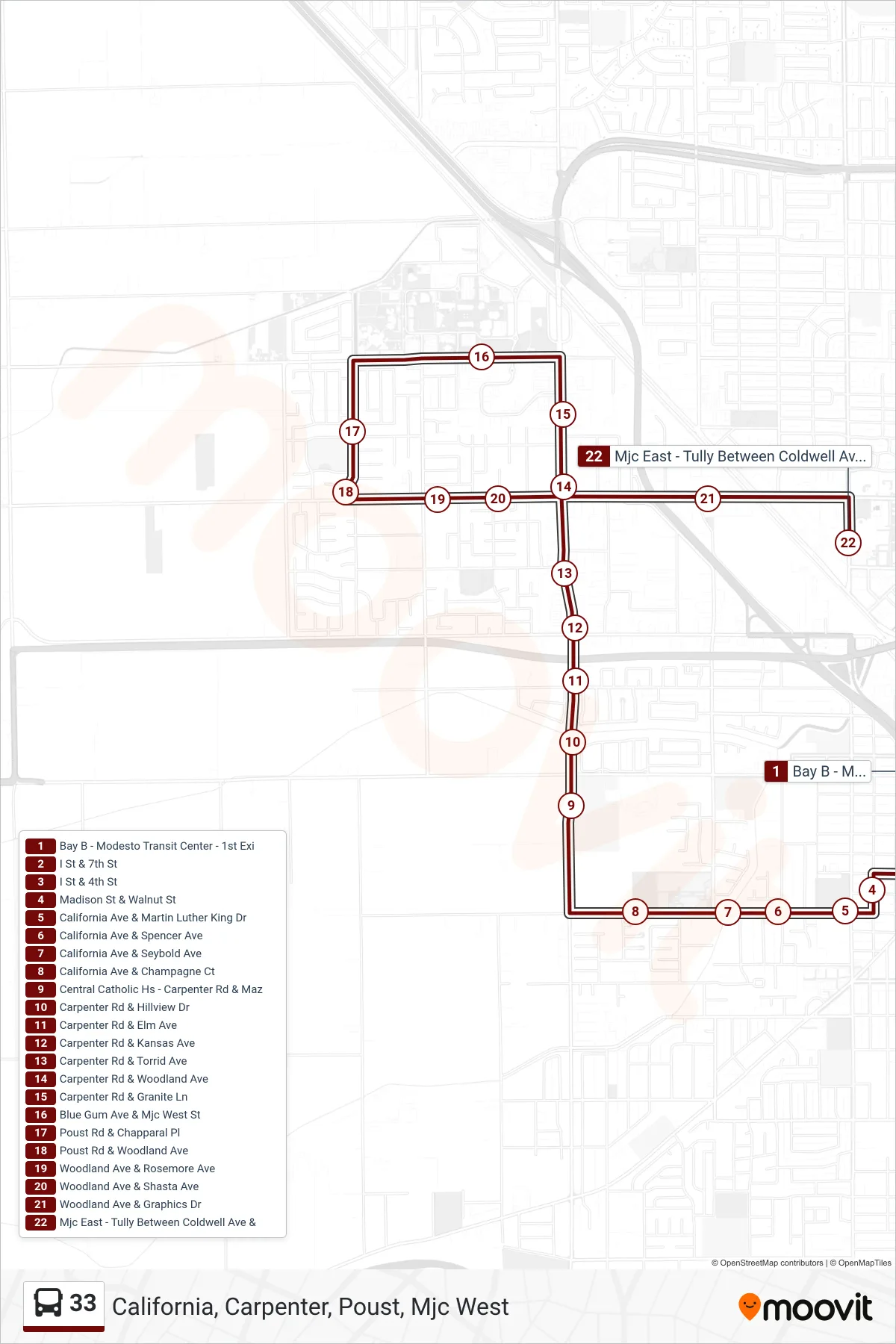 33 bus Line (California, Carpenter, Poust, Mjc West) route and stops on a map