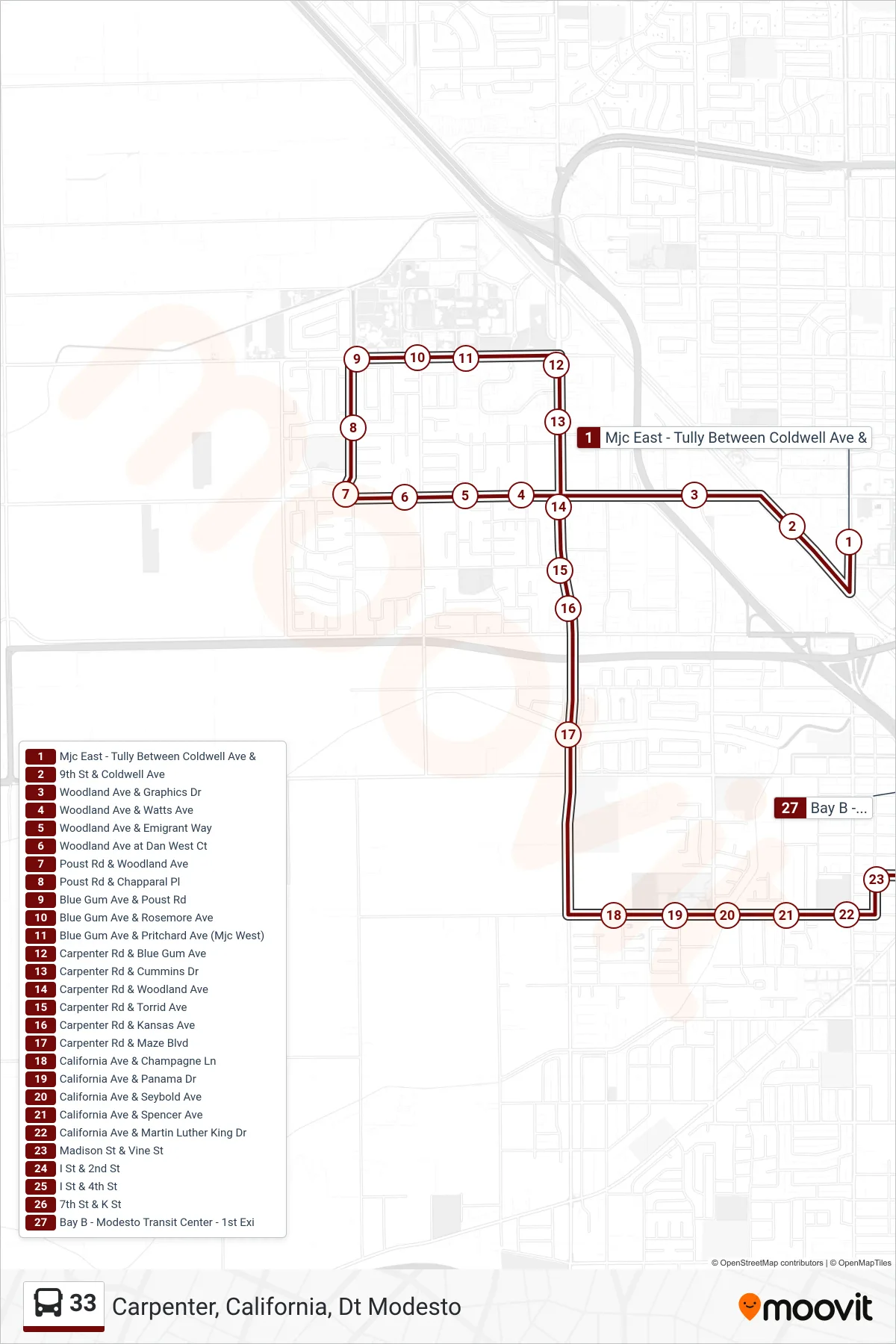 33 bus Line (Carpenter, California, Dt Modesto) route and stops on a map
