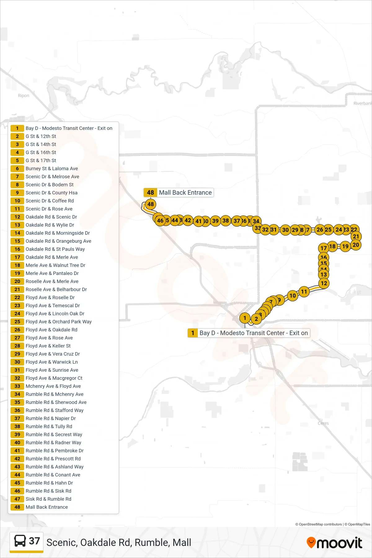 37 bus Line (Scenic, Oakdale Rd, Rumble, Mall) route and stops on a map