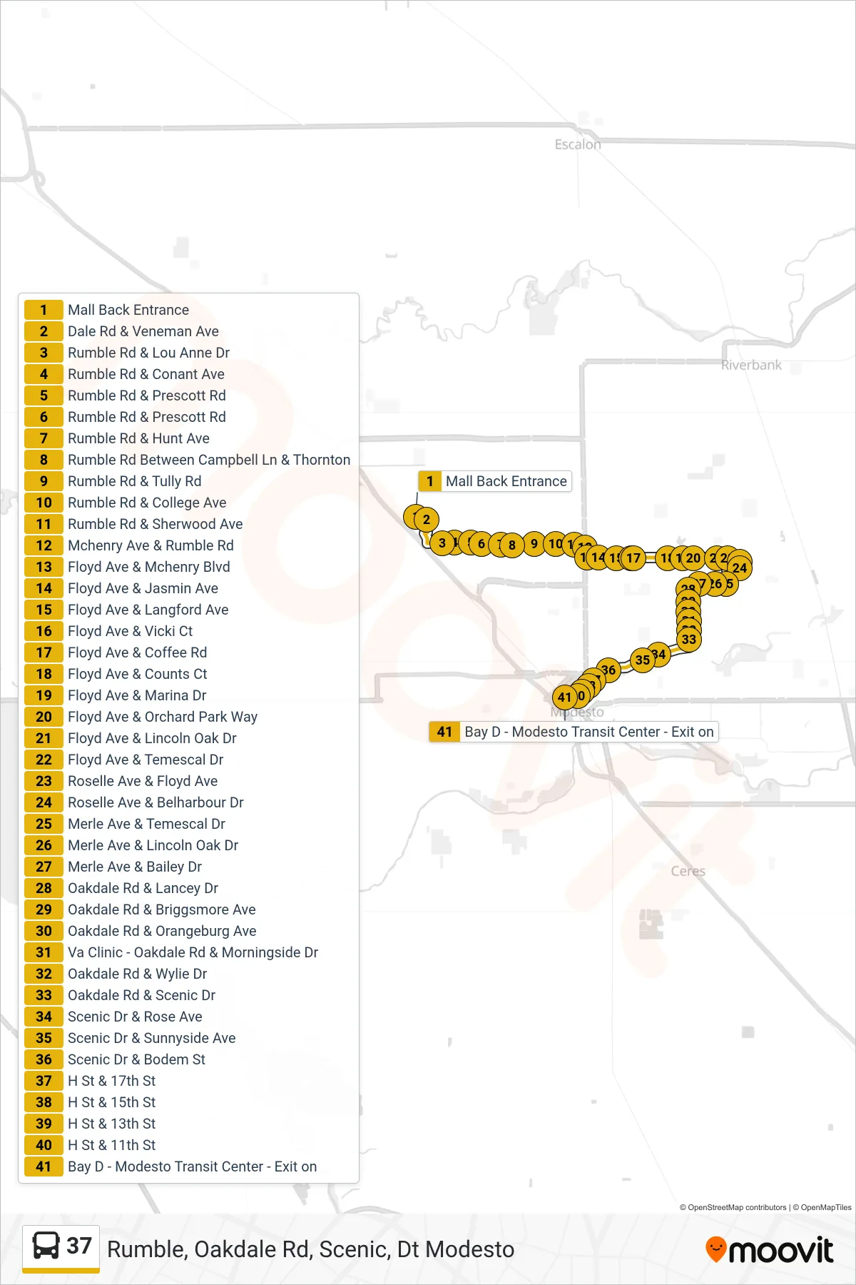37 bus Line (Rumble, Oakdale Rd, Scenic, Dt Modesto) route and stops on a map