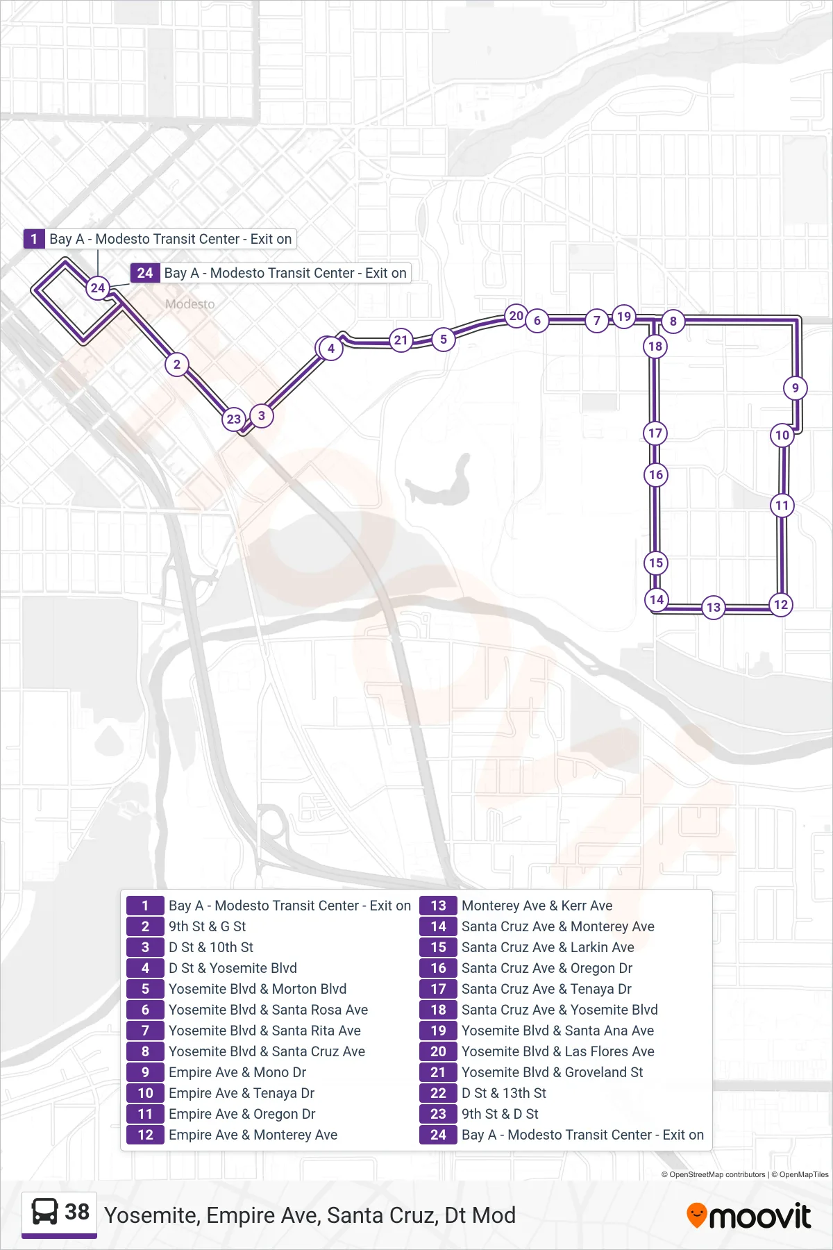 38 bus Line (Yosemite, Empire Ave, Santa Cruz, Dt Mod) route and stops on a map