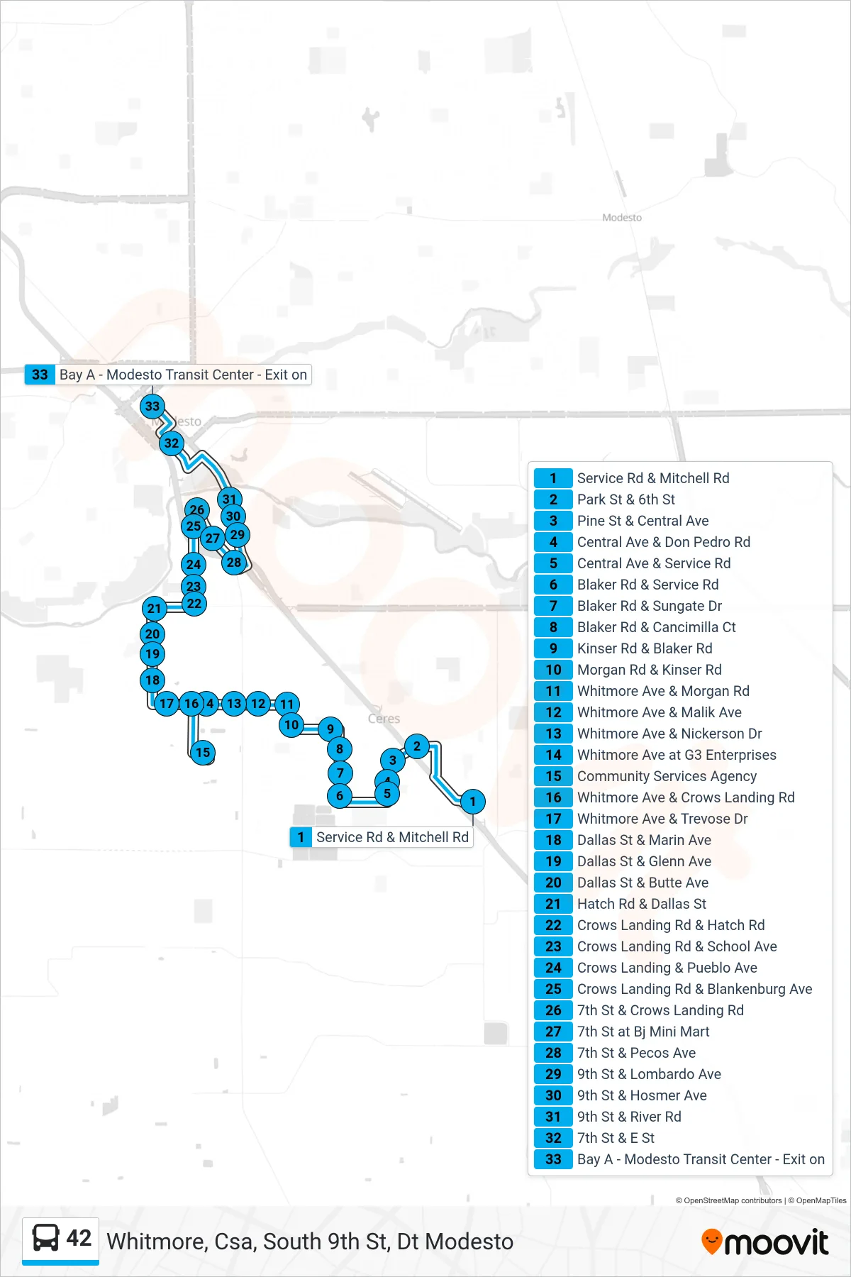 42 bus Line (Whitmore, Csa, South 9th St, Dt Modesto) route and stops on a map