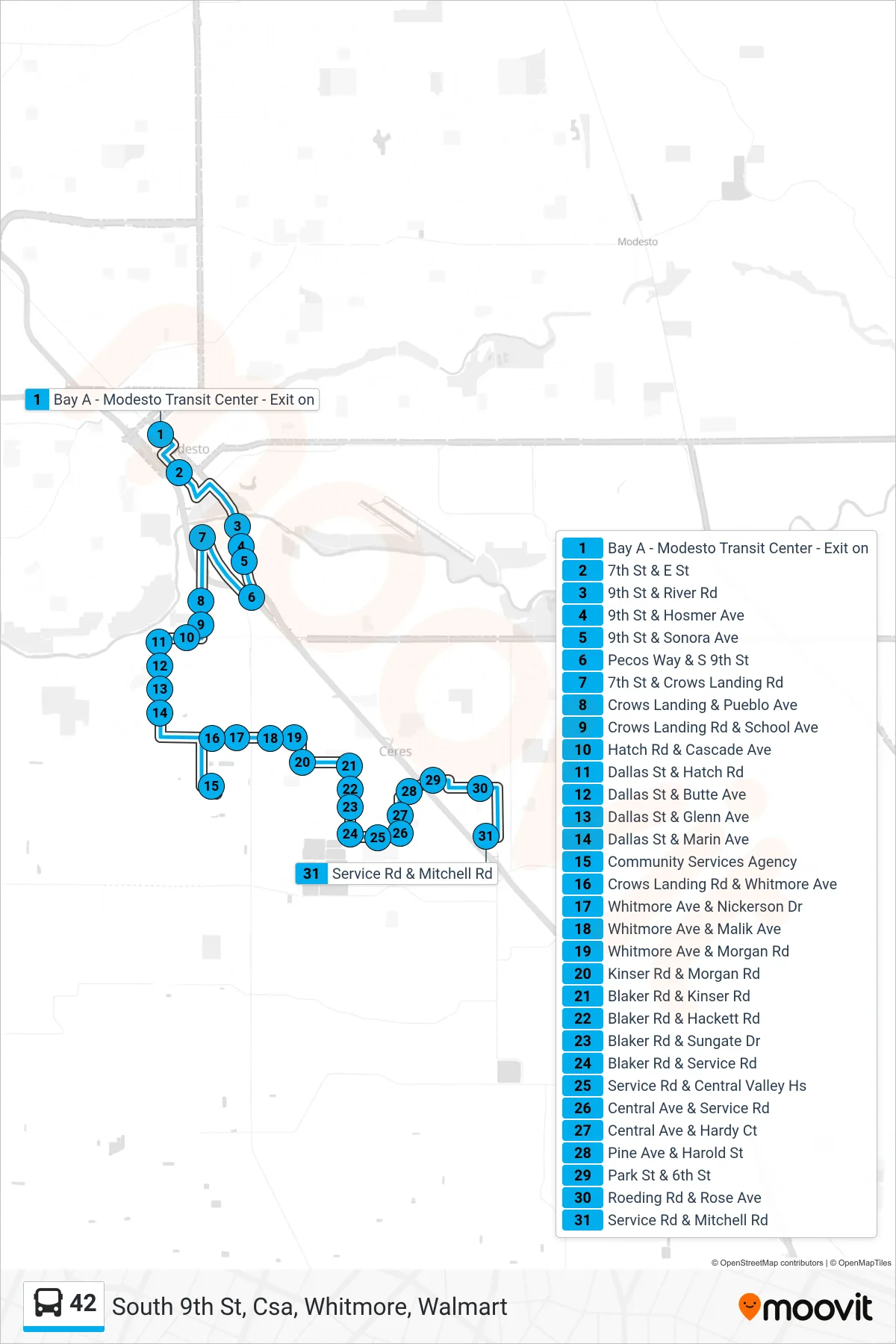 42 bus Line (South 9th St, Csa, Whitmore, Walmart) route and stops on a map