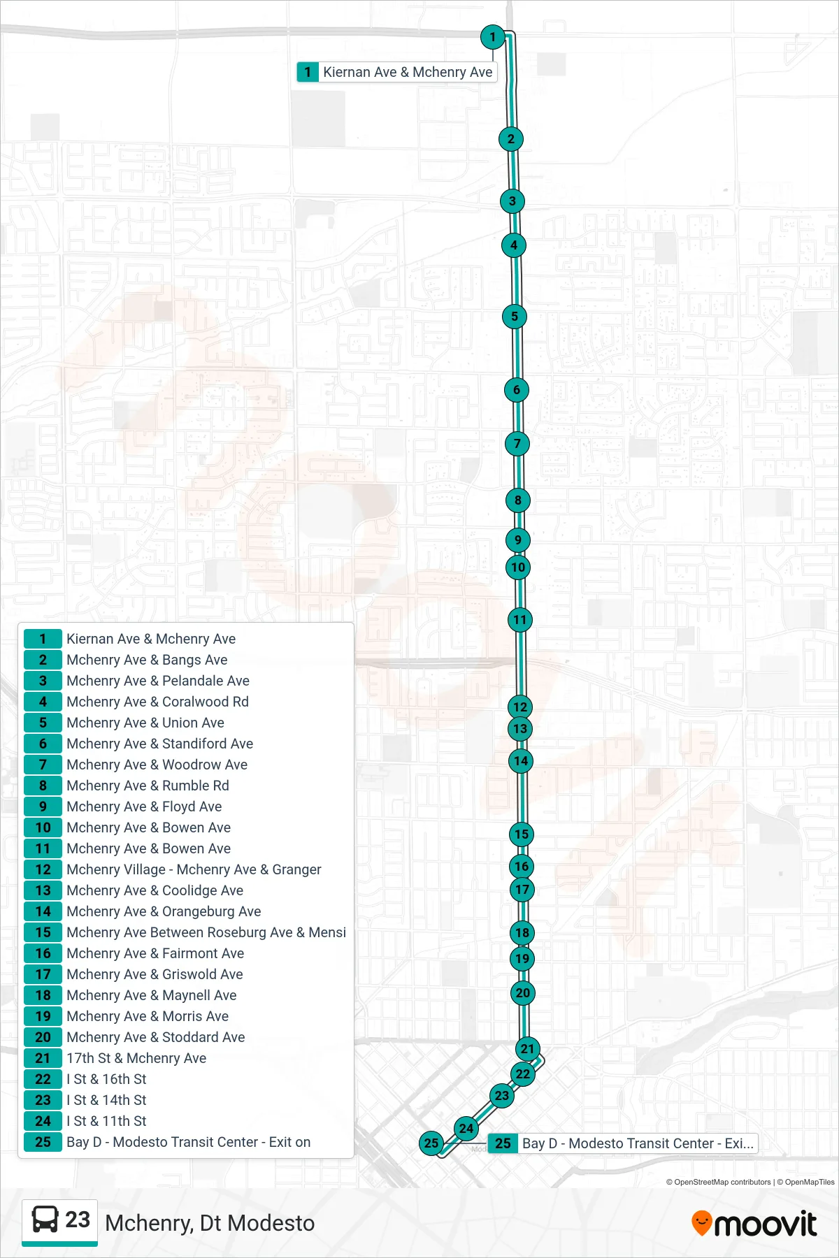 23 bus Line (Mchenry, Dt Modesto) route and stops on a map