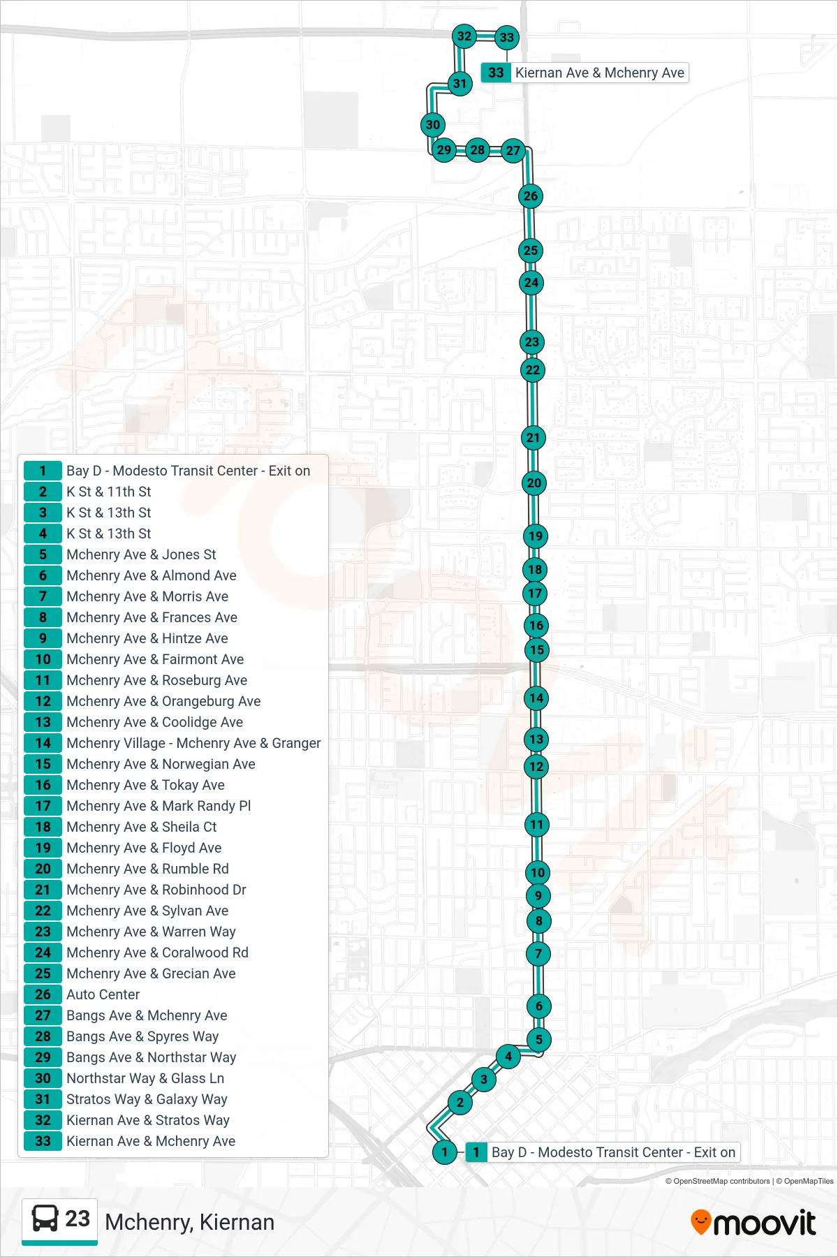 23 bus Line (Mchenry, Kiernan) route and stops on a map