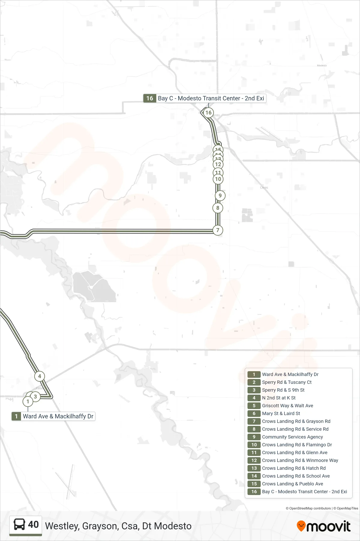 40 bus Line (Westley, Grayson, Csa, Dt Modesto) route and stops on a map