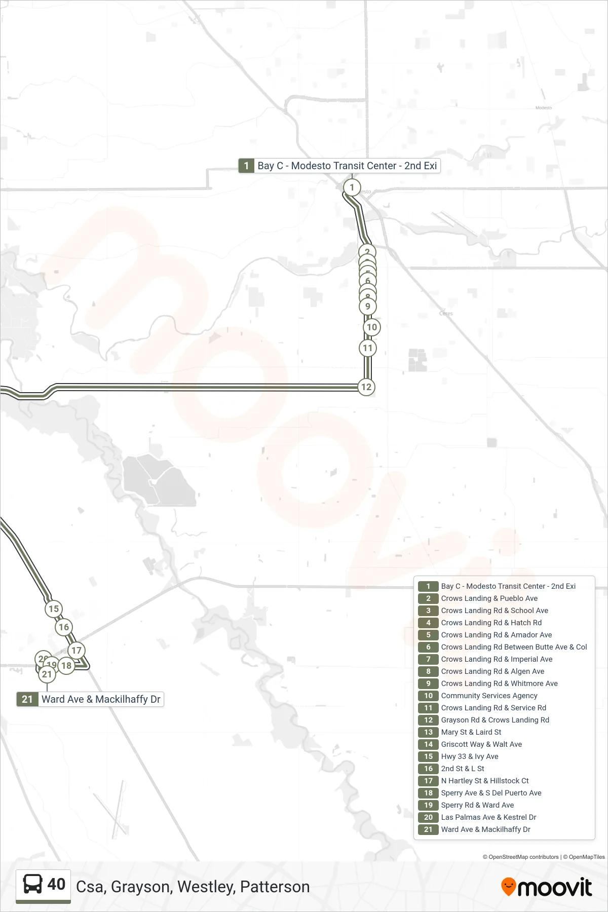 40 bus Line (Csa, Grayson, Westley, Patterson) route and stops on a map