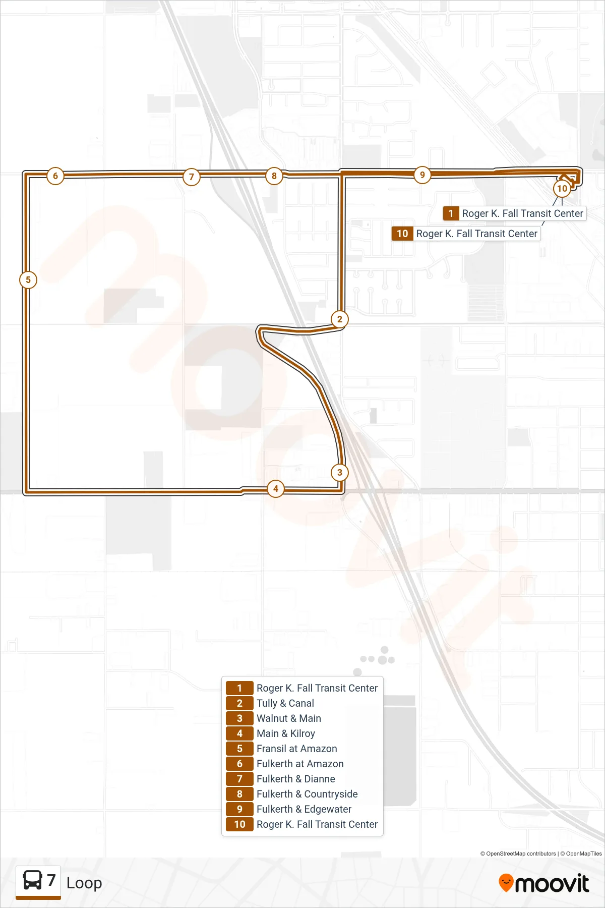 7 bus Line (Loop) route and stops on a map