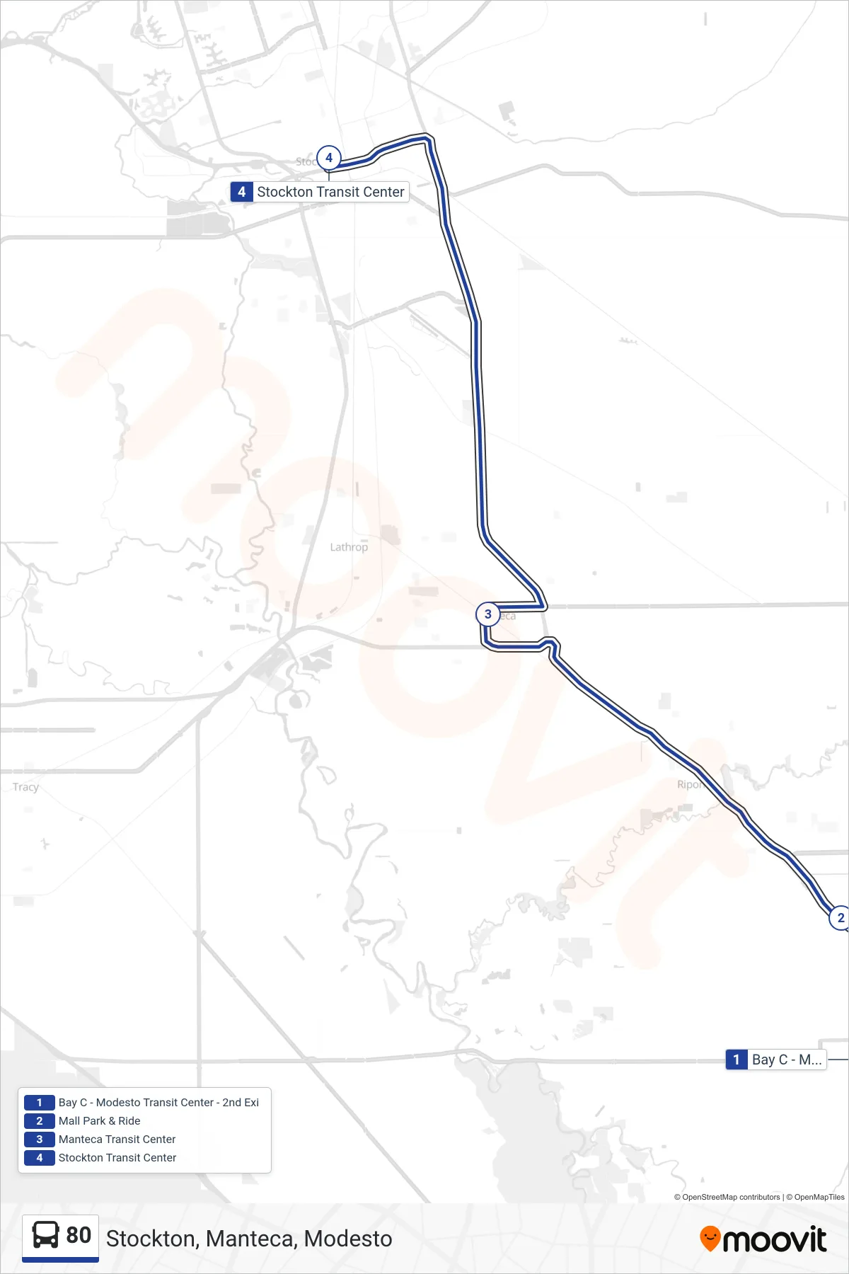 80 bus Line (Stockton, Manteca, Modesto) route and stops on a map