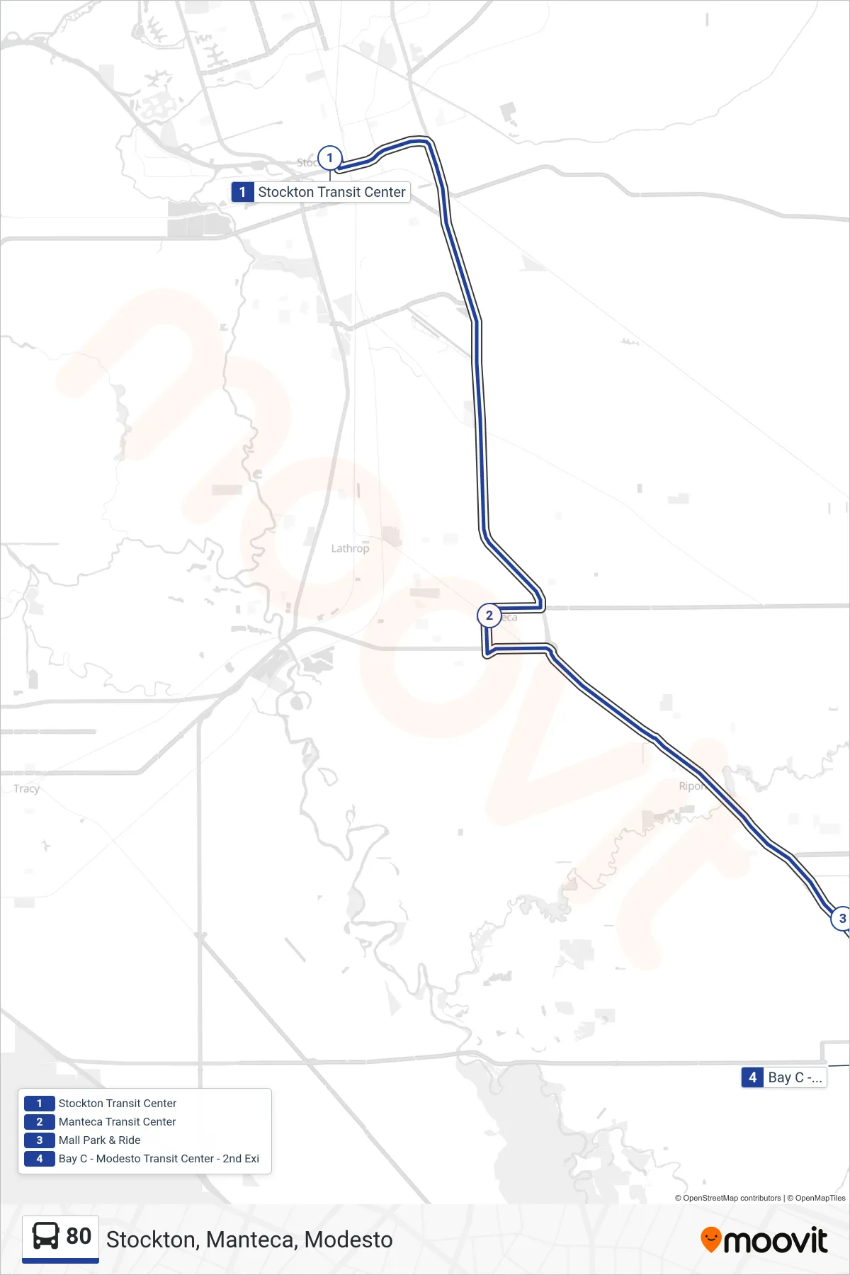 80 bus Line (Stockton, Manteca, Modesto) route and stops on a map