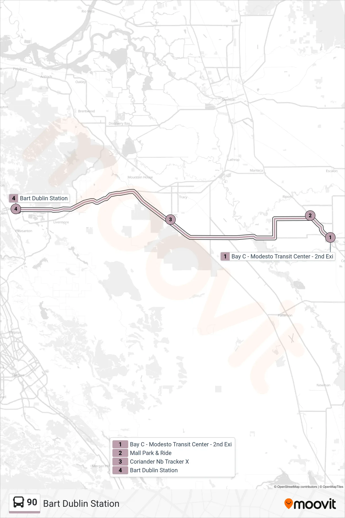 90 bus Line (Bart Dublin Station) route and stops on a map
