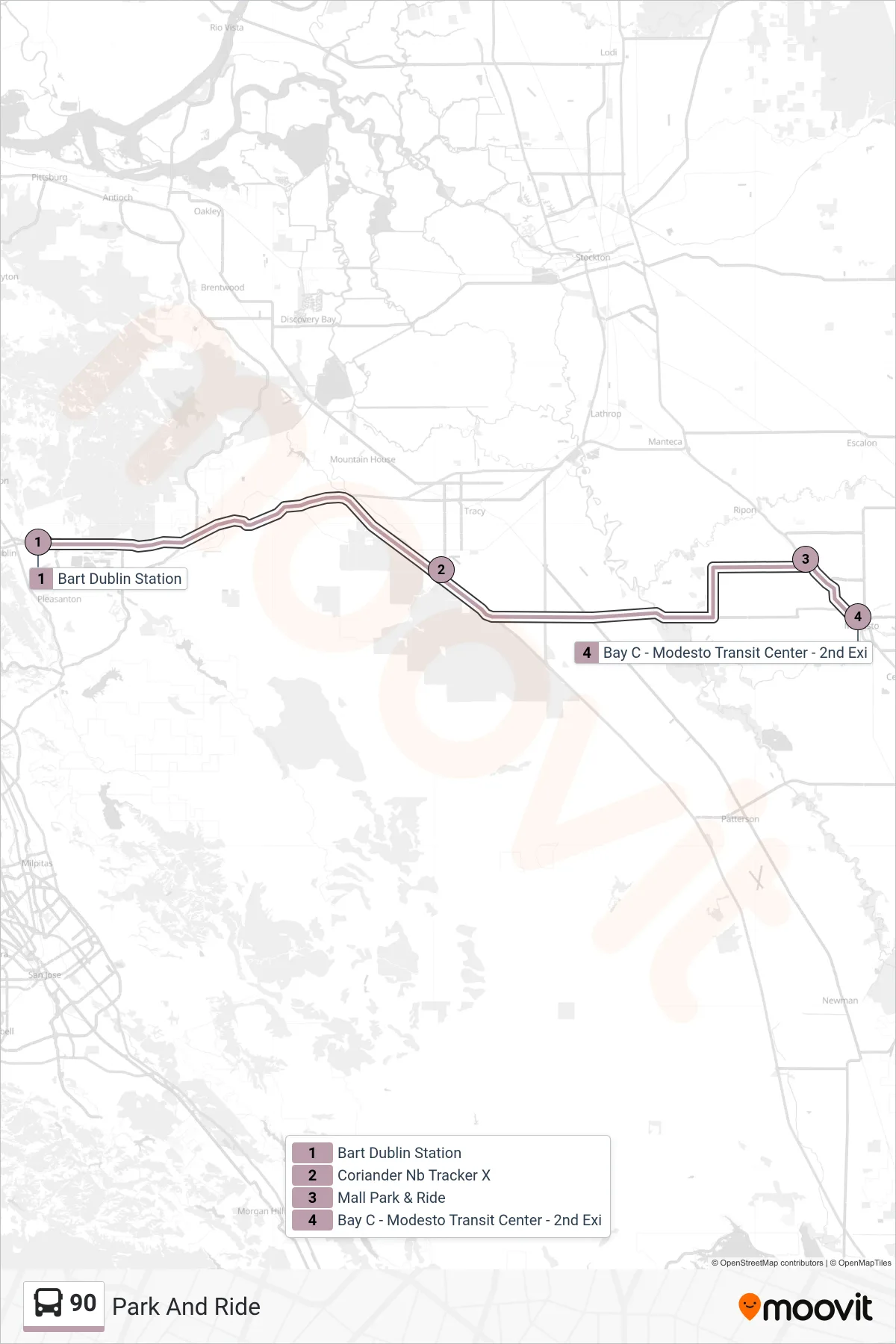 90 bus Line (Park And Ride) route and stops on a map