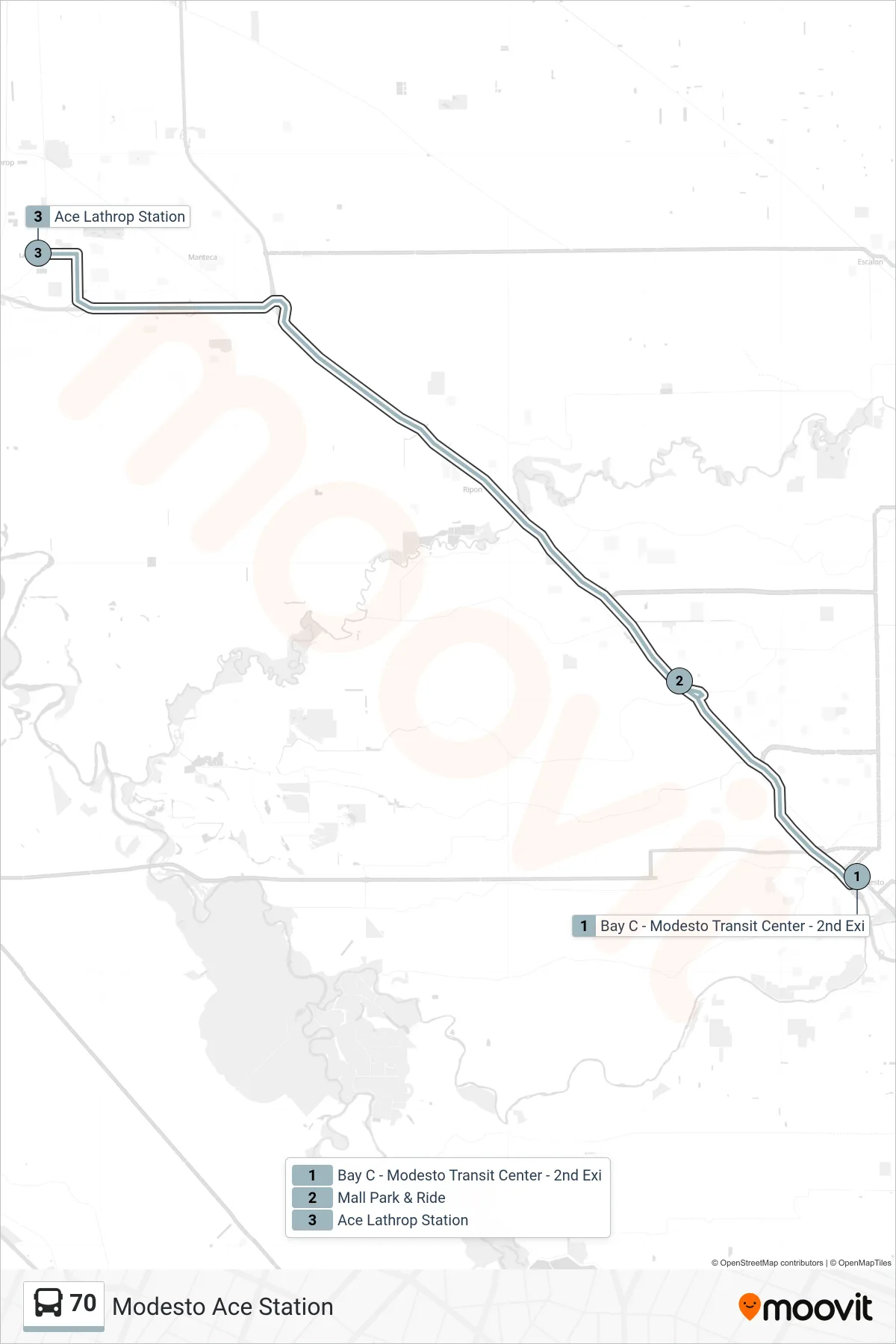 70 bus Line (Modesto Ace Station) route and stops on a map
