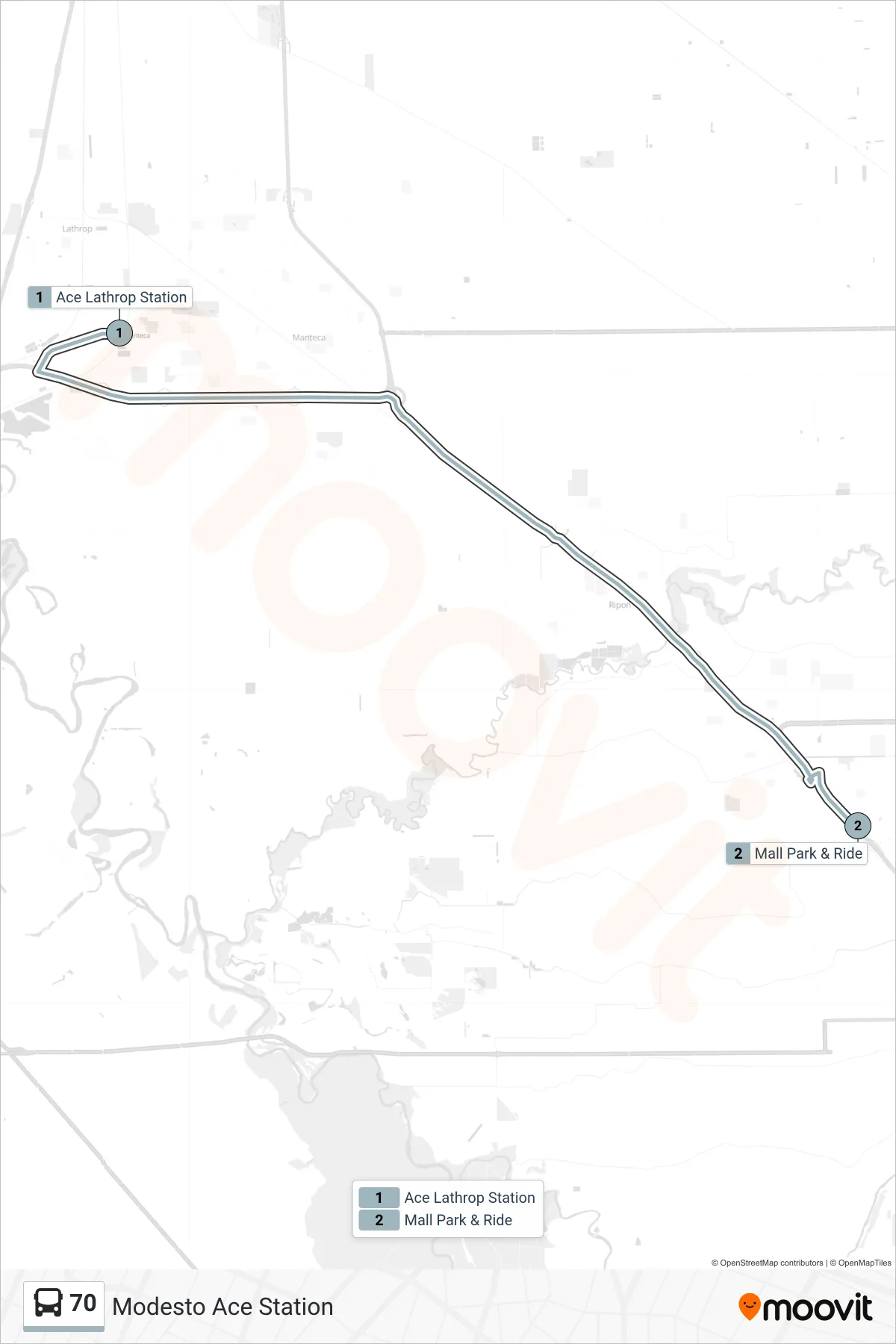 70 bus Line (Modesto Ace Station) route and stops on a map