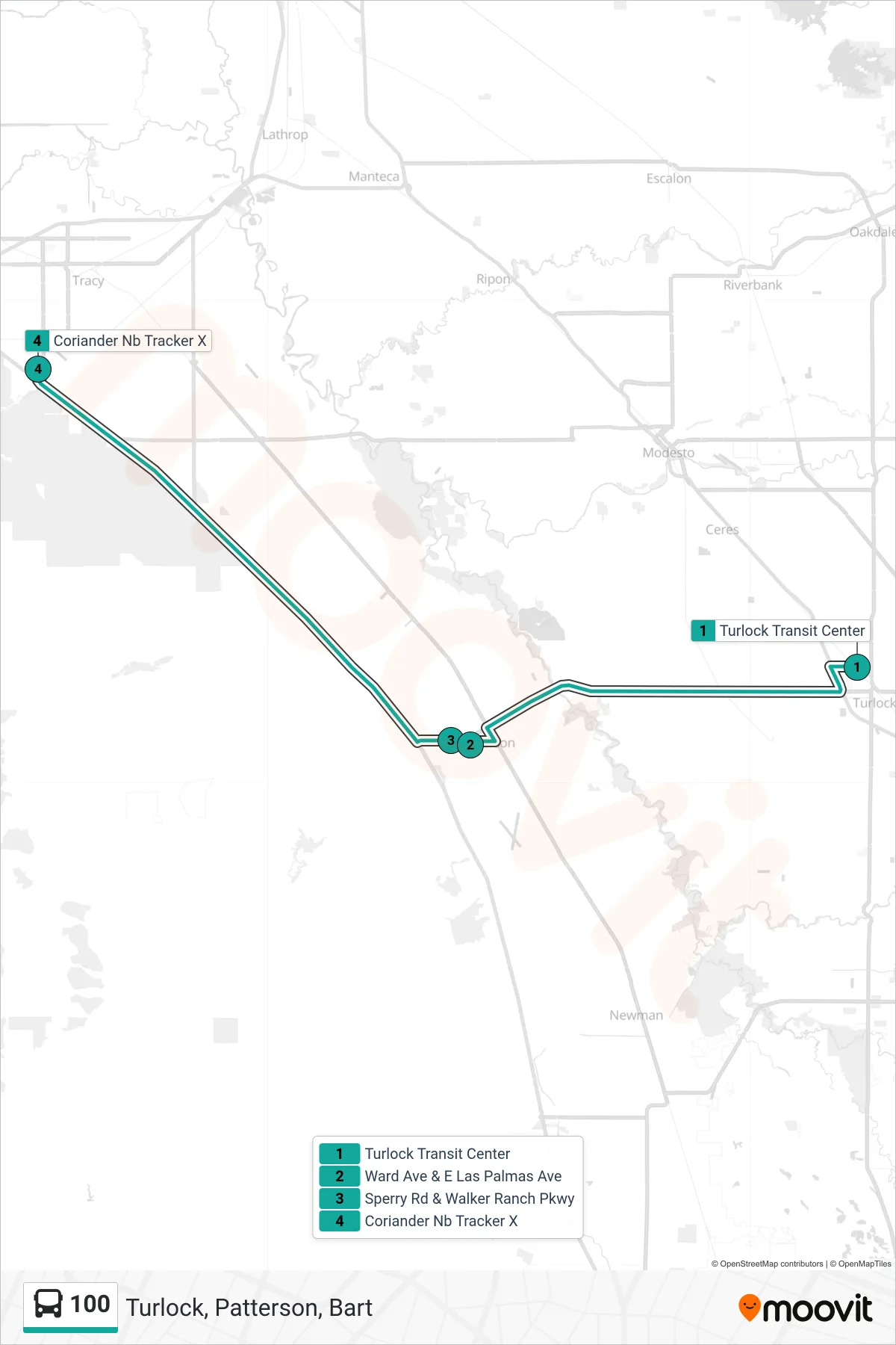 100 bus Line (Turlock, Patterson, Bart) route and stops on a map