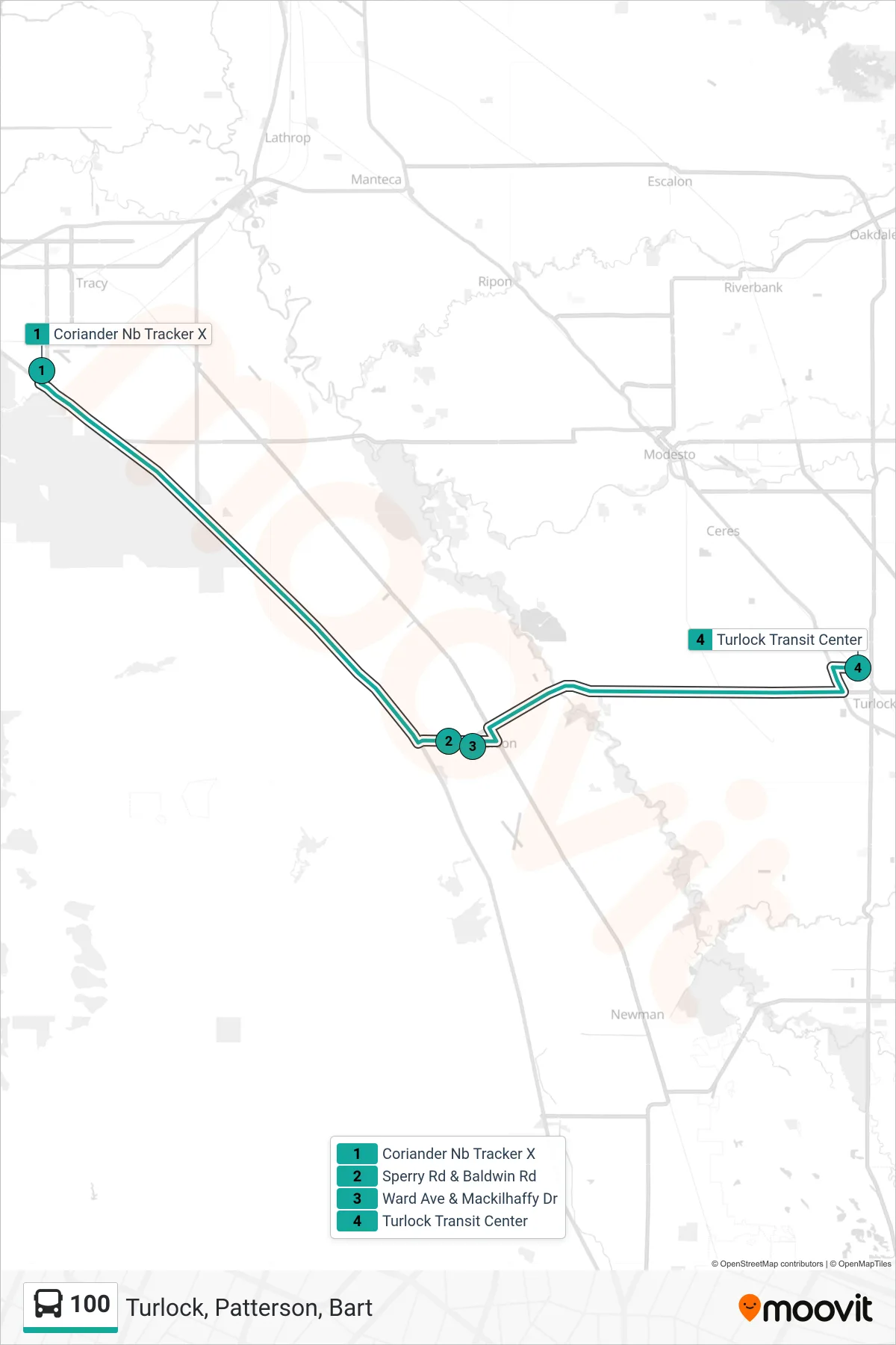 100 bus Line (Turlock, Patterson, Bart) route and stops on a map