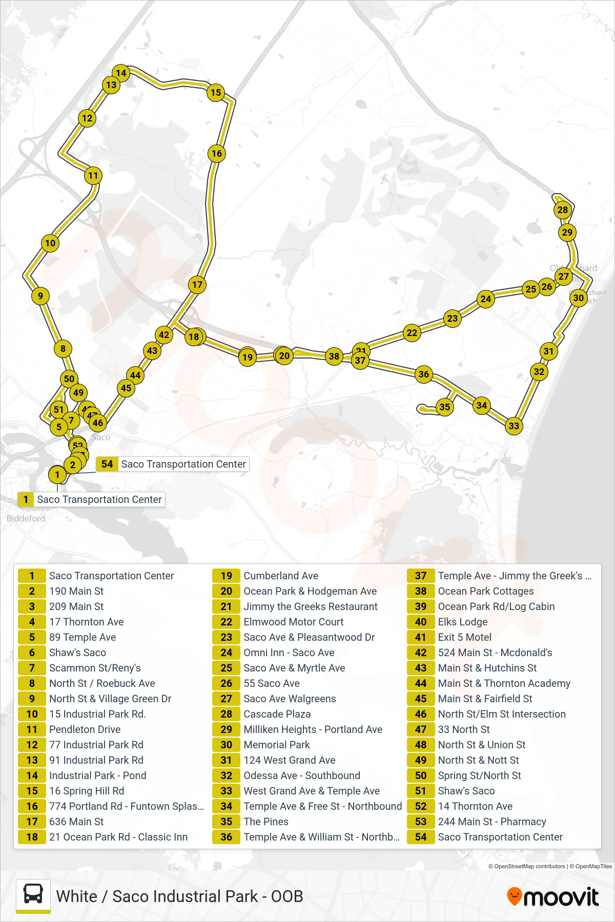 52 bus Line (Saco Transportation Center→Saco Transportation Center) route and stops on a map