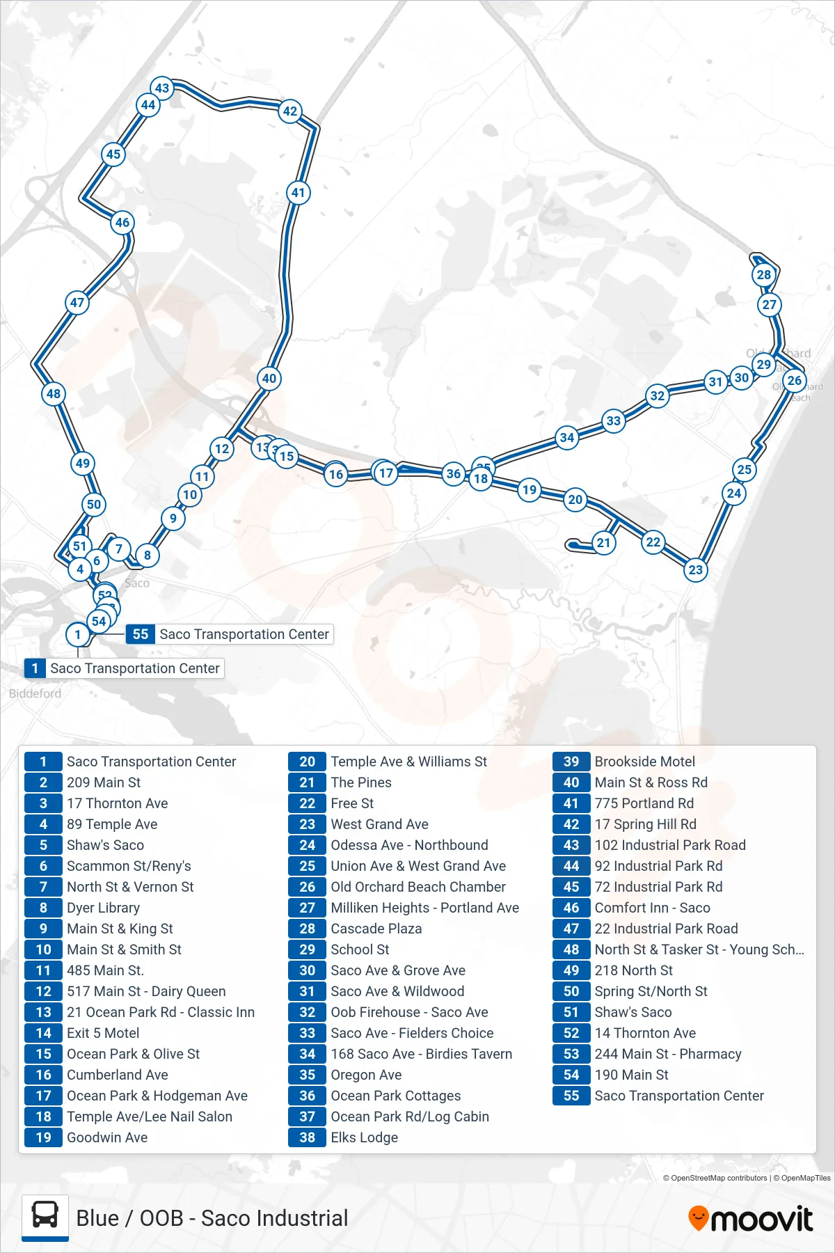 53 bus Line (Saco Transportation Center‎→Saco Transportation Center) route and stops on a map