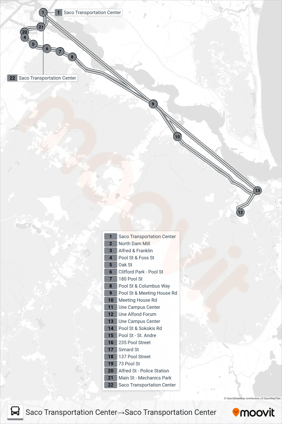 54 bus Line (Saco Transportation Center→Saco Transportation Center) route and stops on a map