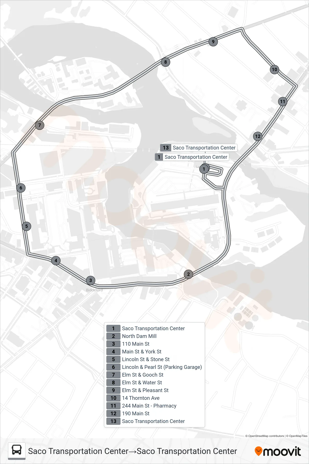 54 bus Line (Saco Transportation Center→Saco Transportation Center) route and stops on a map