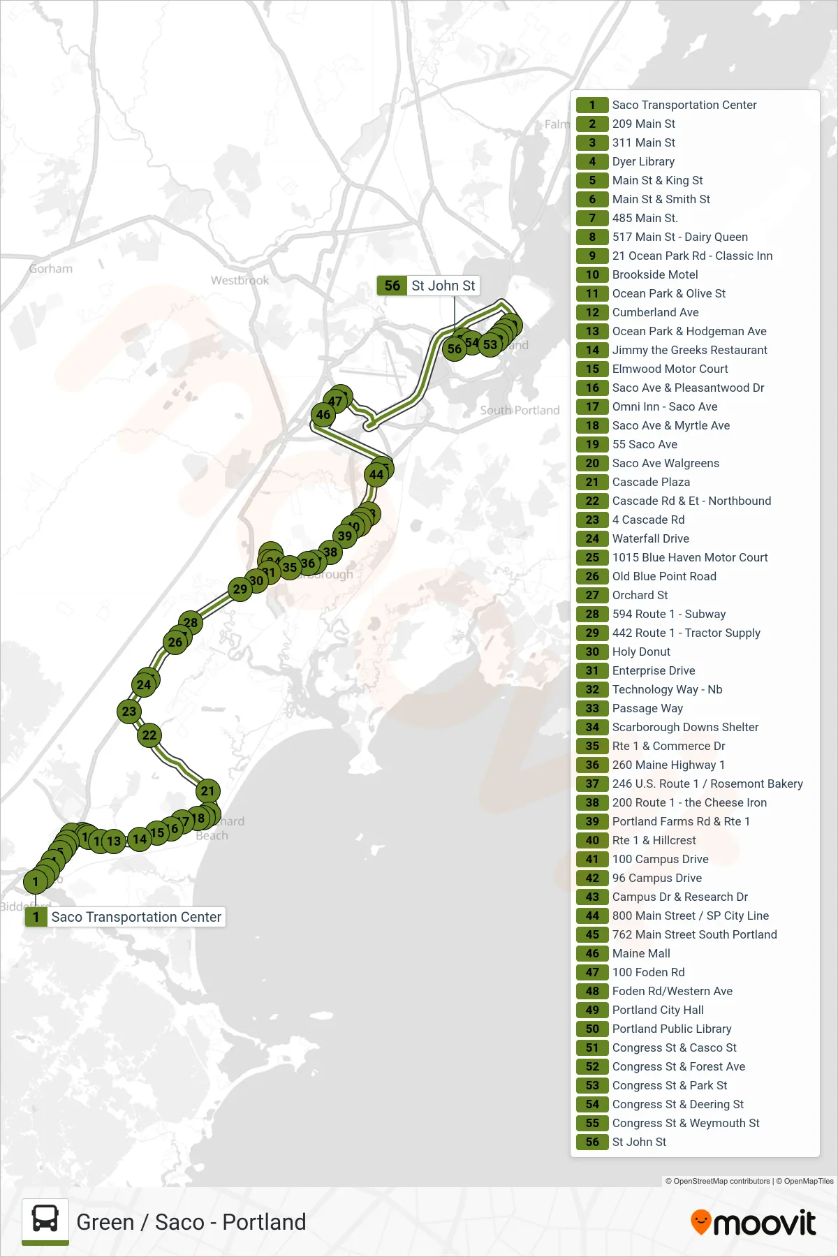 60 bus Line (Saco Transportation Center→St John St) route and stops on a map