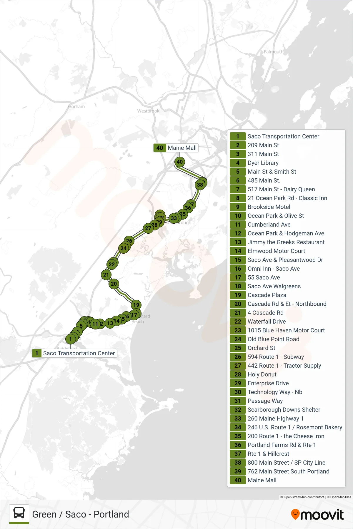 60 bus Line (Saco Transportation Center→Maine Mall) route and stops on a map