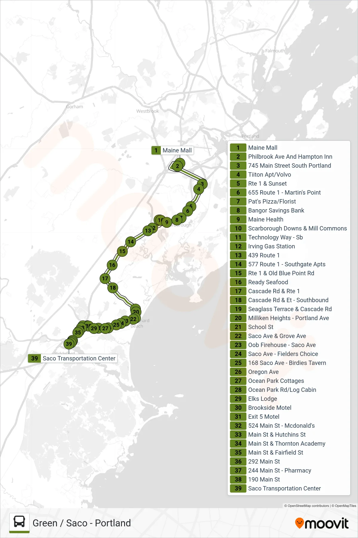 60 bus Line (Maine Mall‎→Saco Transportation Center) route and stops on a map