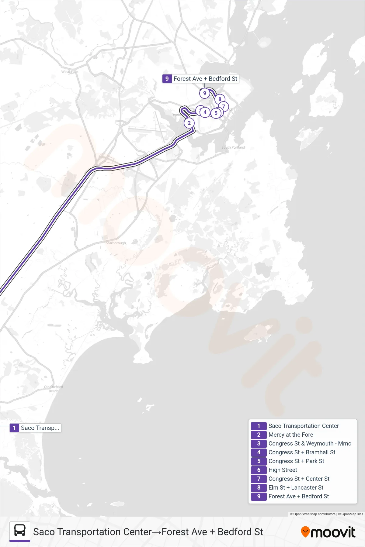 70 bus Line (Saco Transportation Center→Forest Ave + Bedford St) route and stops on a map