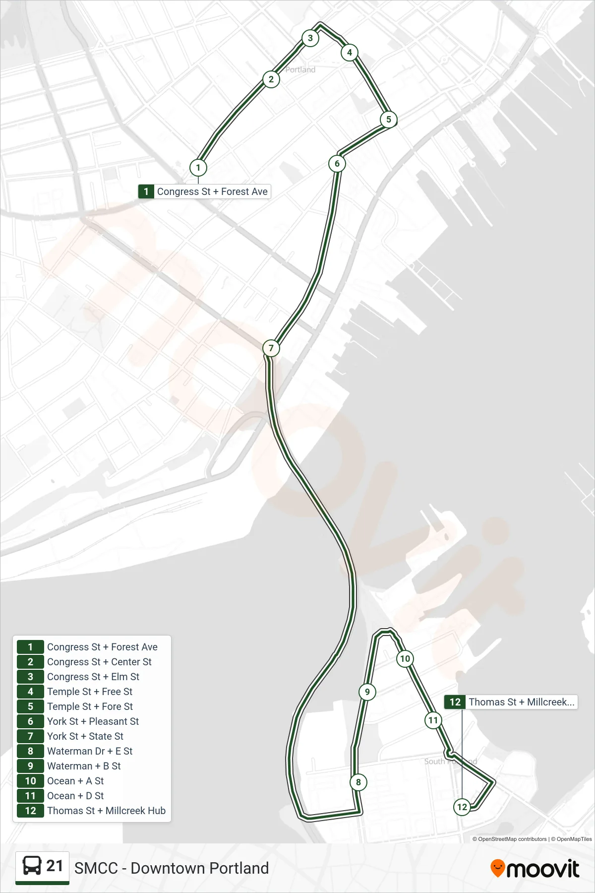 21 bus Line (Congress St + Forest Ave→Thomas St + Millcreek Hub) route and stops on a map