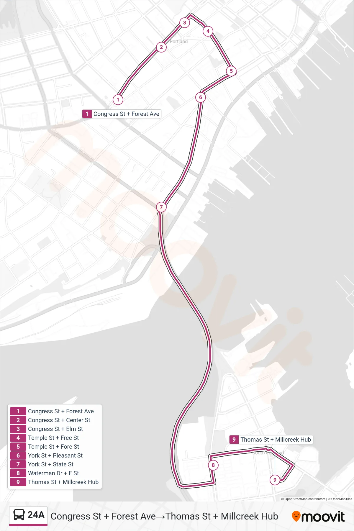 24A bus Line (Congress St + Forest Ave→Thomas St + Millcreek Hub) route and stops on a map