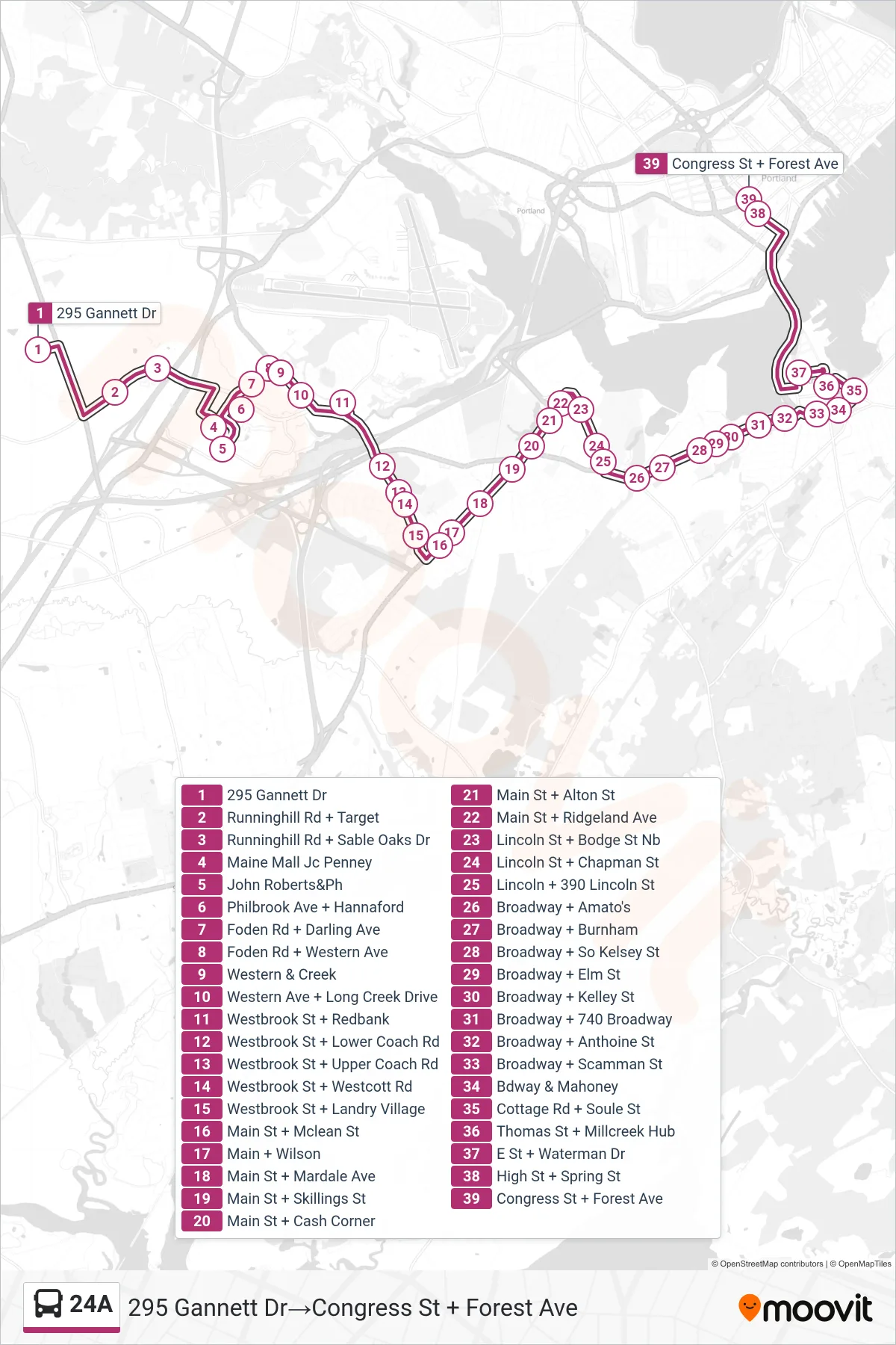 24A bus Line (295 Gannett Dr‎→Congress St + Forest Ave) route and stops on a map