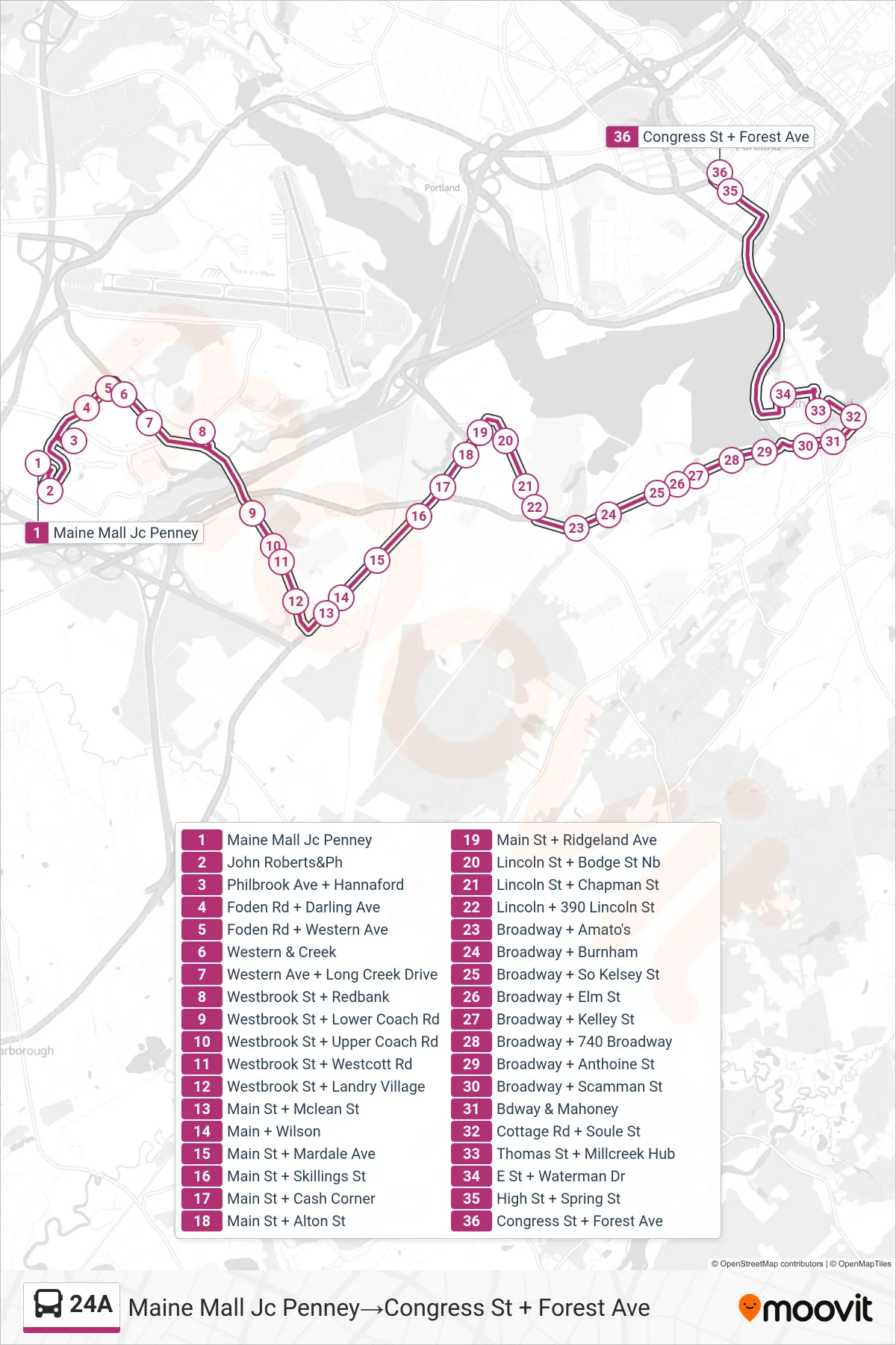 24A bus Line (Maine Mall Jc Penney‎→Congress St + Forest Ave) route and stops on a map