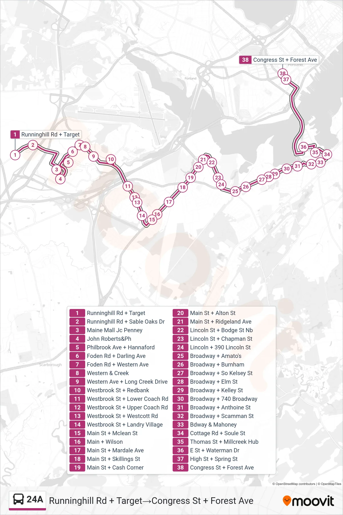24A bus Line (Runninghill Rd + Target‎→Congress St + Forest Ave) route and stops on a map