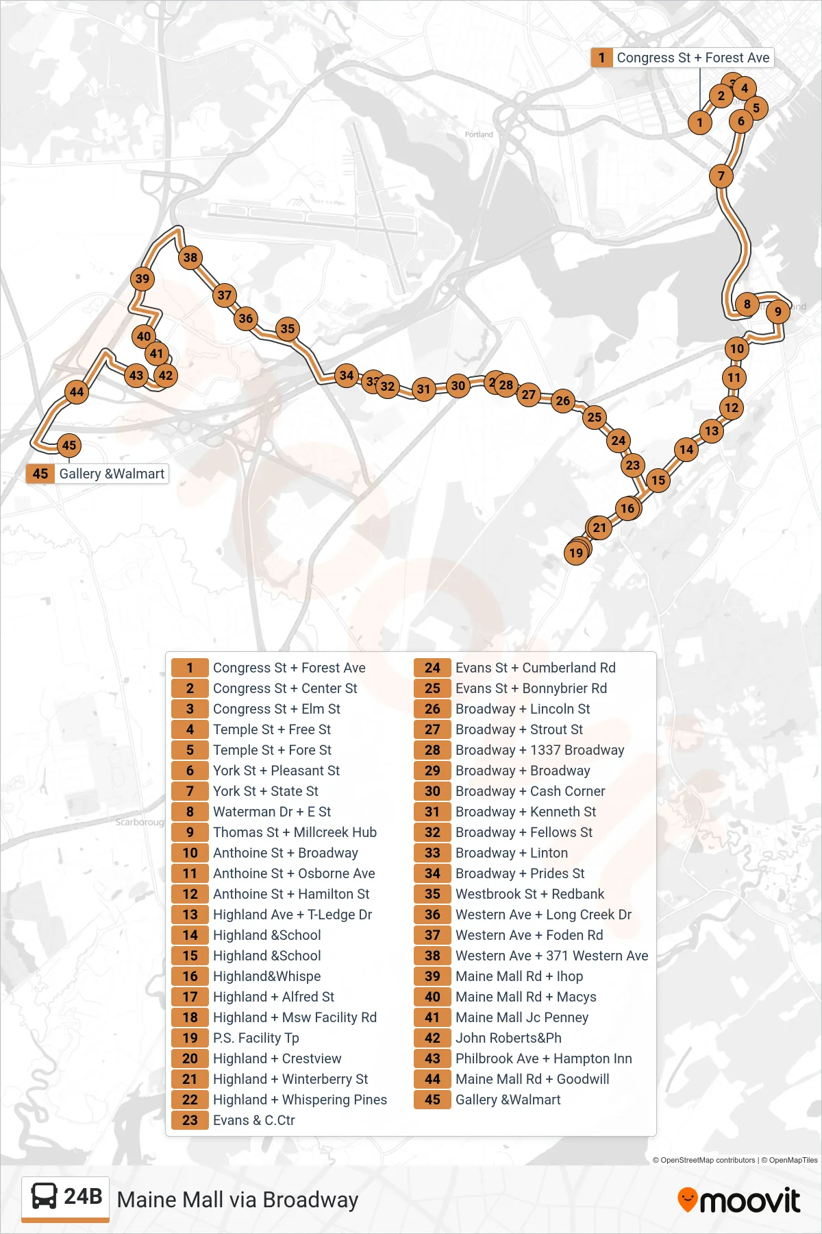 24B bus Line (Congress St + Forest Ave‎→Gallery &Walmart) route and stops on a map